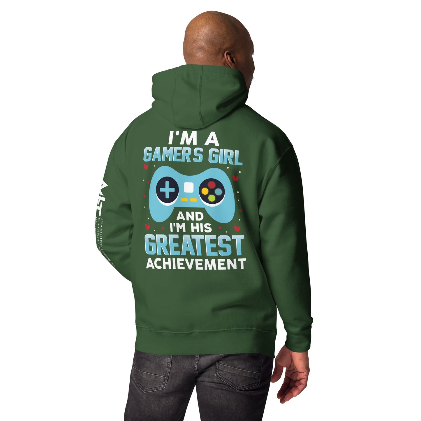 I am a Gamer's Girl, I am his Greatest Achievement (turquoise text ) - Unisex Hoodie ( Back Print ) by DarkByteGear