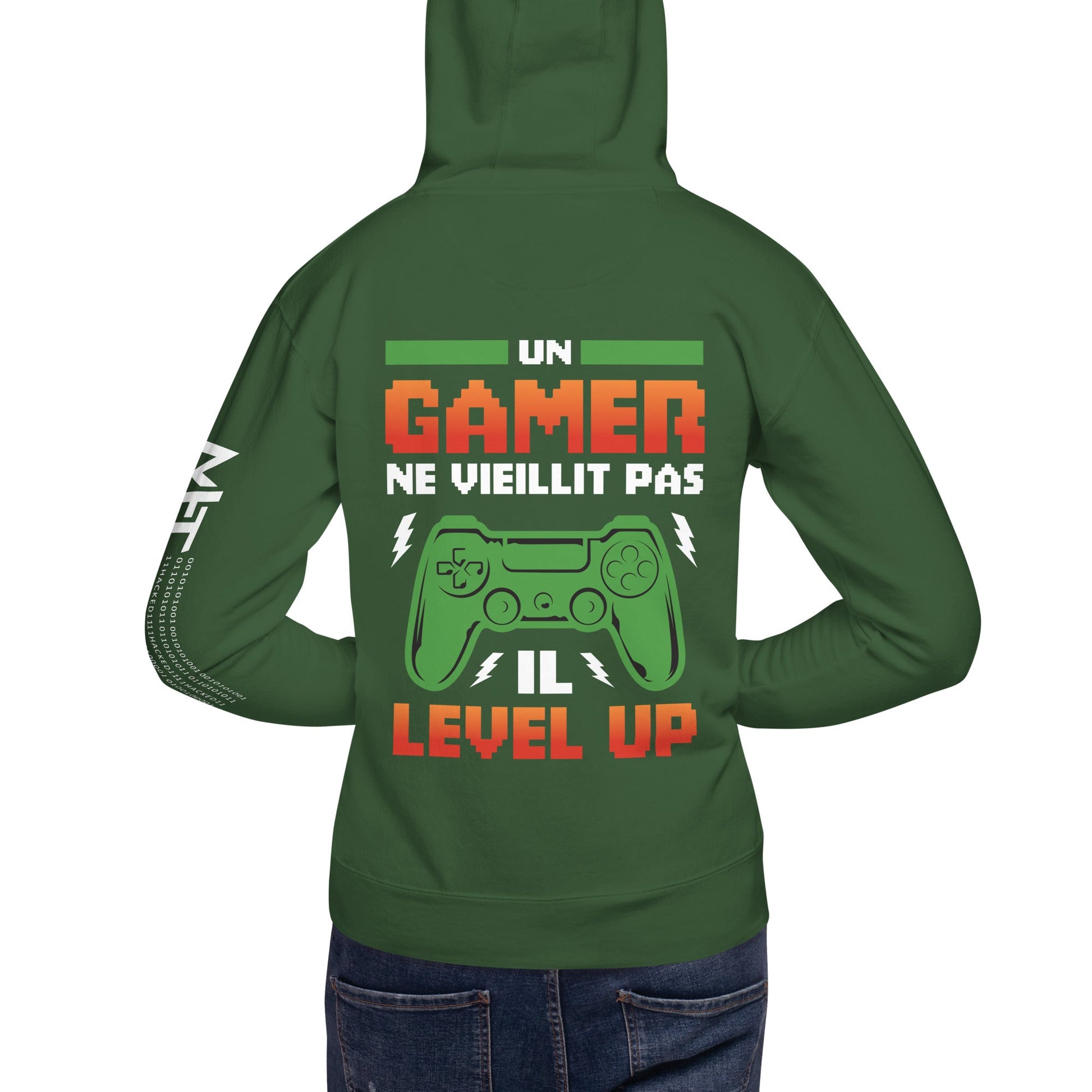 Un GAMER NE VIEILLIT PAS IL Level Up - Unisex Hoodie ( Back Print ) by DarkByteGear