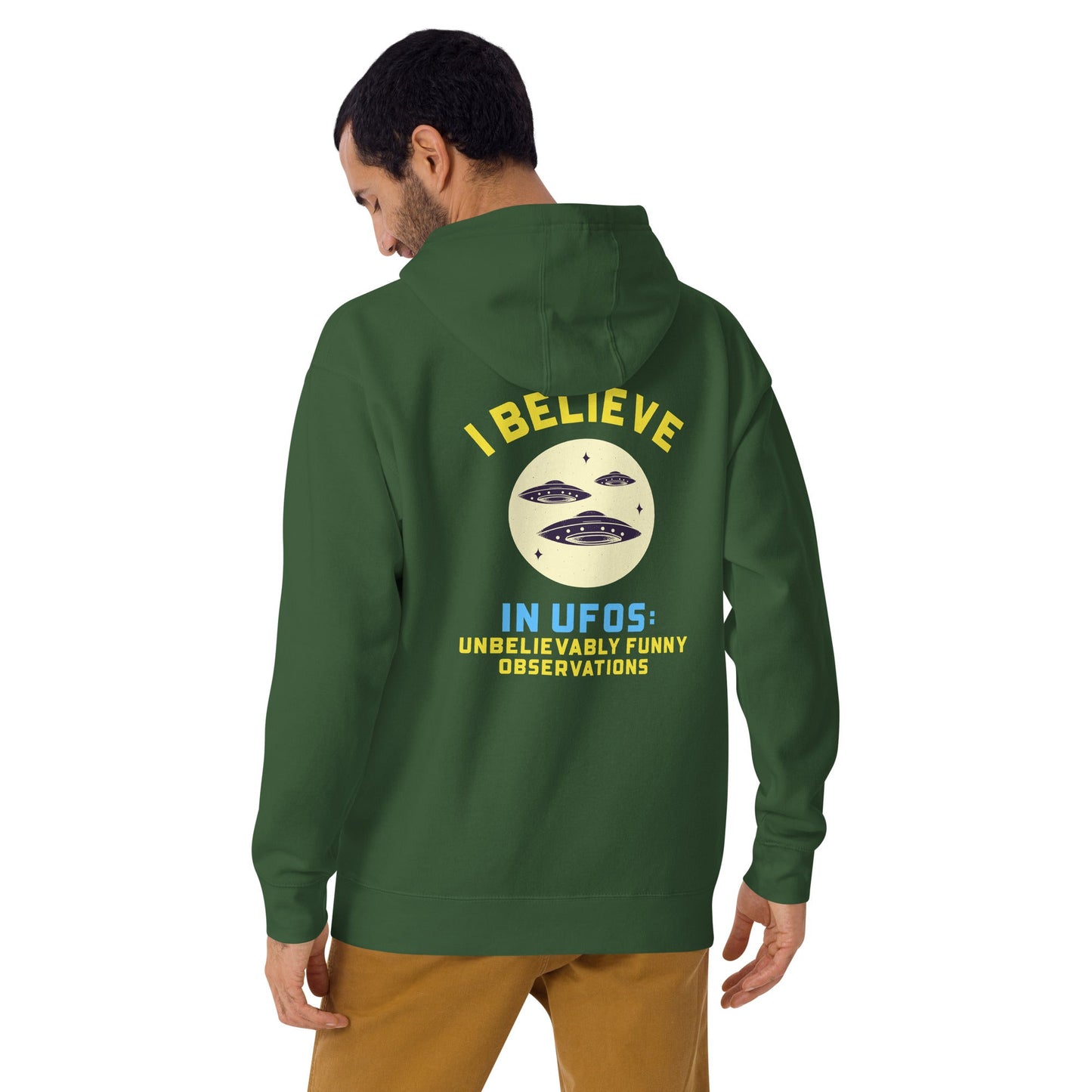 I believe in UFOs Unbelievably Funny Observations - Unisex Hoodie (back print) by DarkByteGear
