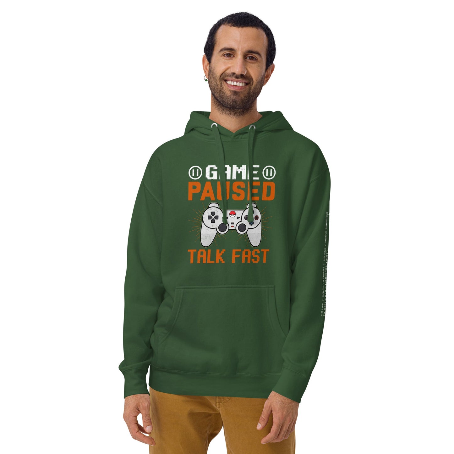 Game Paused, Talk Fast Unisex Hoodie by DarkByteGear