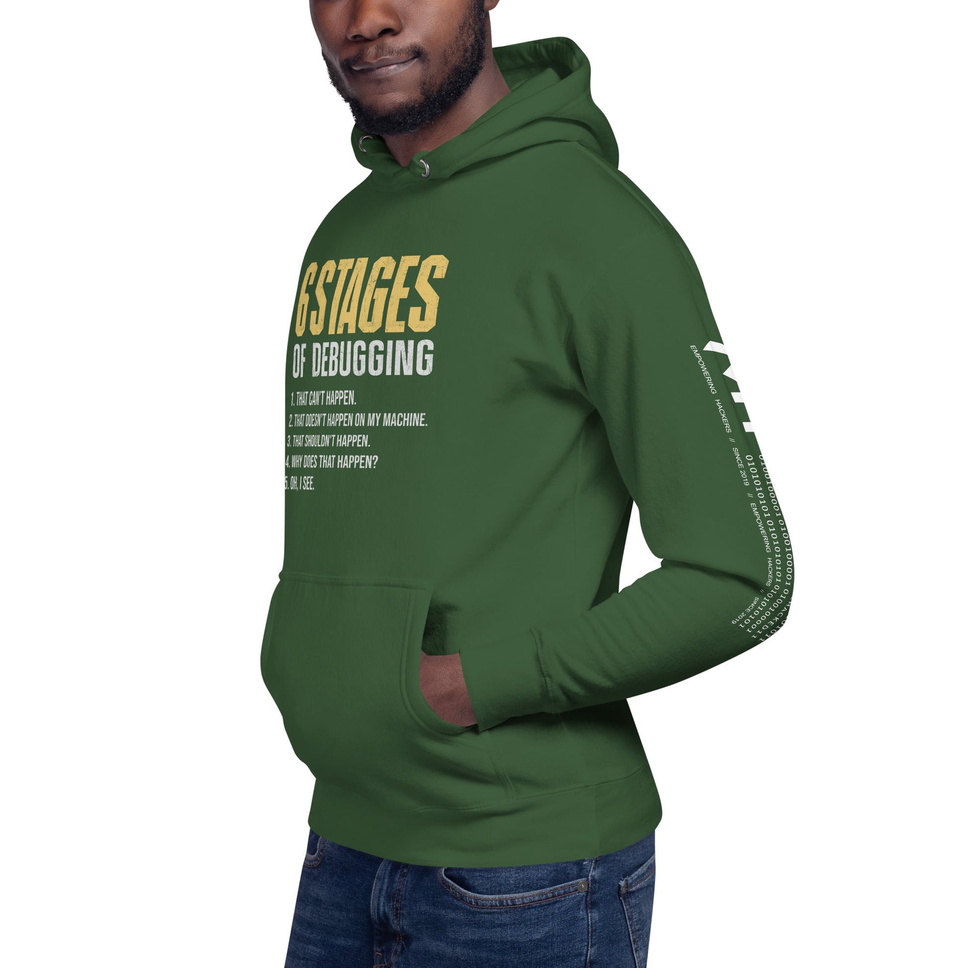 6 Stages of Debugging Yellow V Unisex Hoodie by DarkByteGear