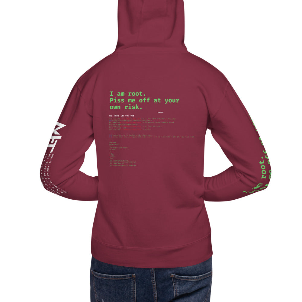 I am root. Piss me off at your own risk - Unisex Hoodie (back print) by DarkByteGear