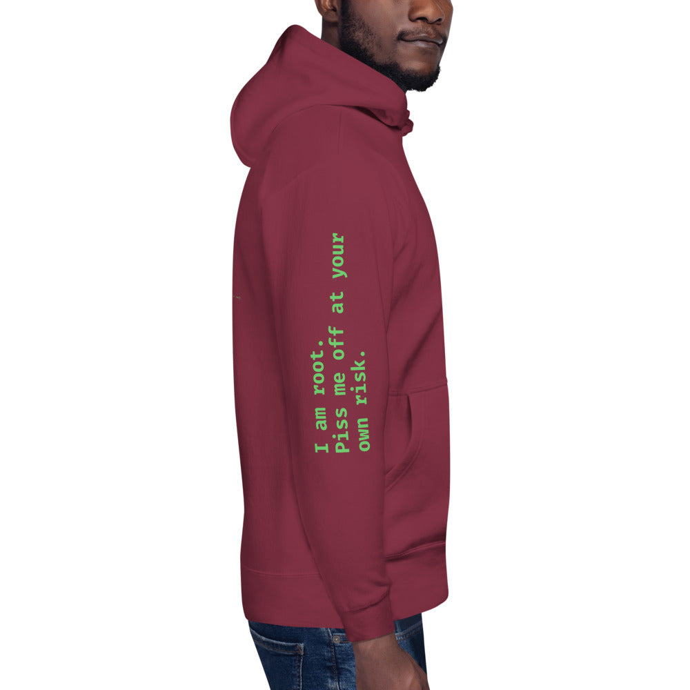 I am root. Piss me off at your own risk - Unisex Hoodie (back print) by DarkByteGear