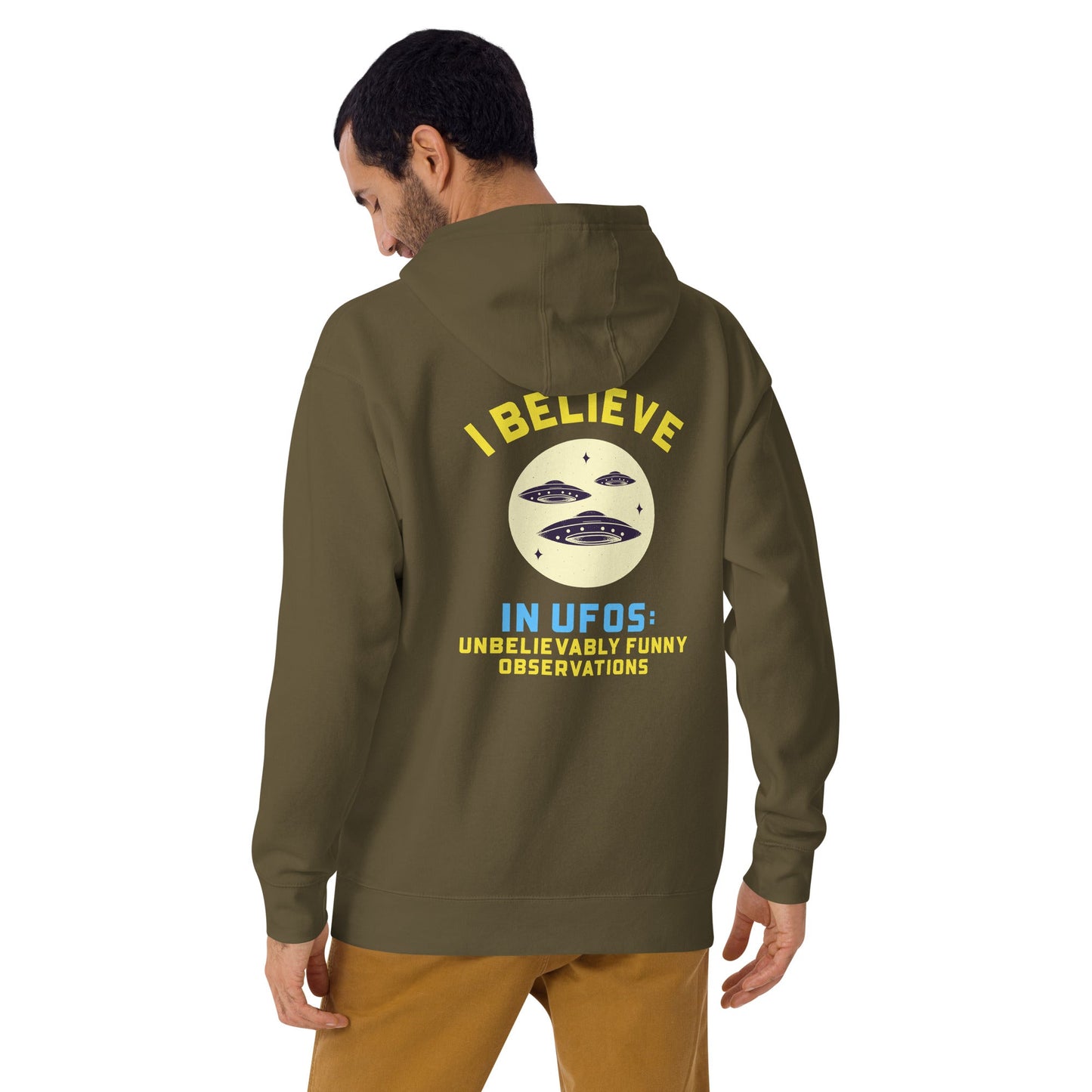 I believe in UFOs Unbelievably Funny Observations - Unisex Hoodie (back print) by DarkByteGear