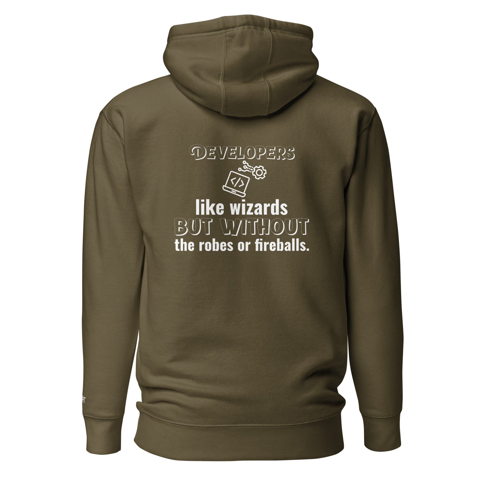 Developers: like wizards, but - Unisex Hoodie (back print) by DarkByteGear
