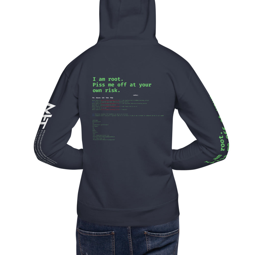 I am root. Piss me off at your own risk - Unisex Hoodie (back print) by DarkByteGear