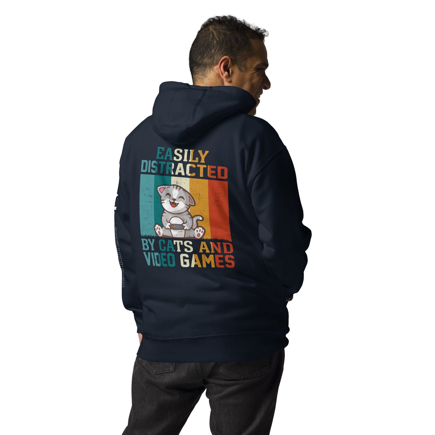 Easily Distracted by Cats and Video Games Unisex Hoodie ( Back Print ) by DarkByteGear