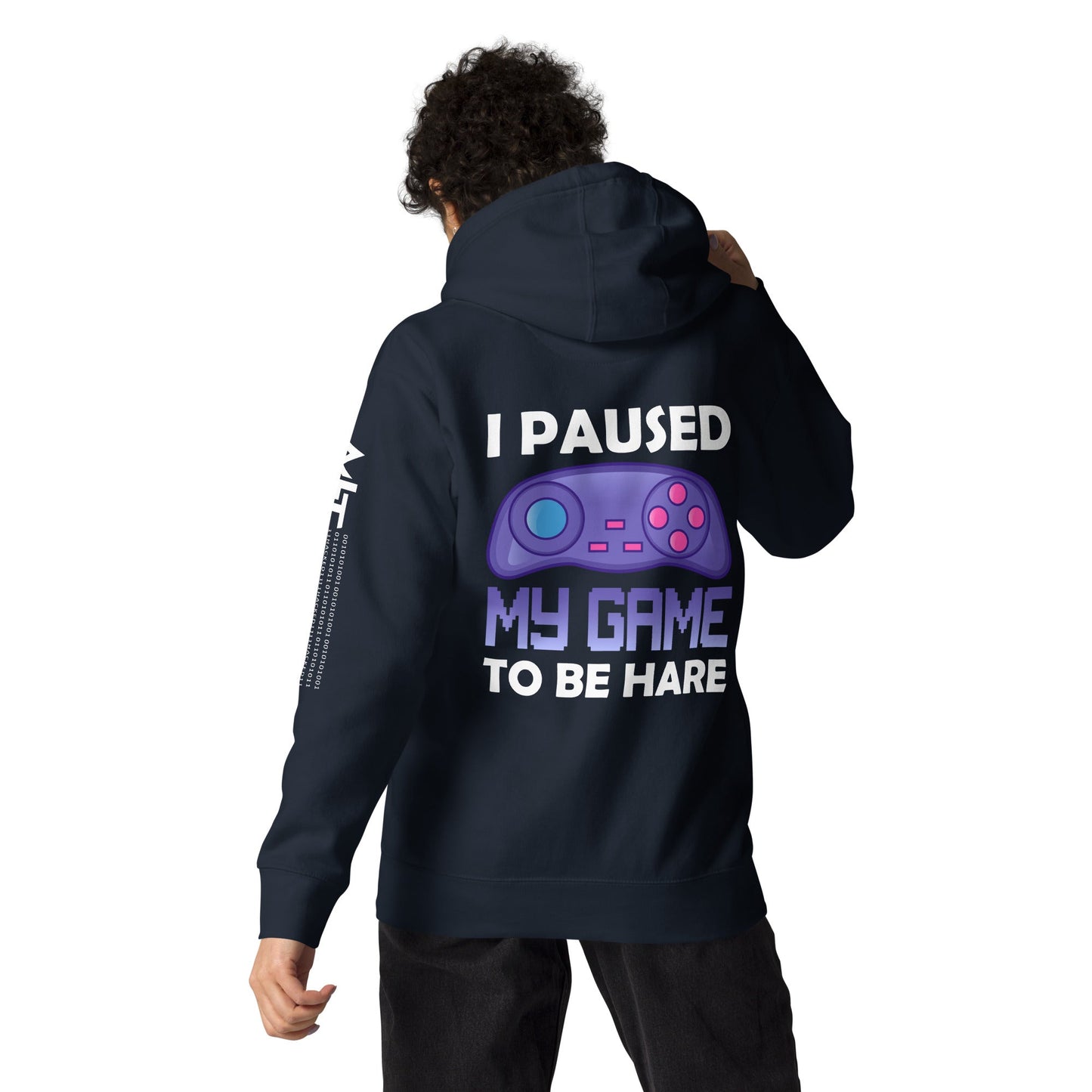 I Paused my Game to Be here (purple text ) - Unisex Hoodie ( Back Print ) by DarkByteGear