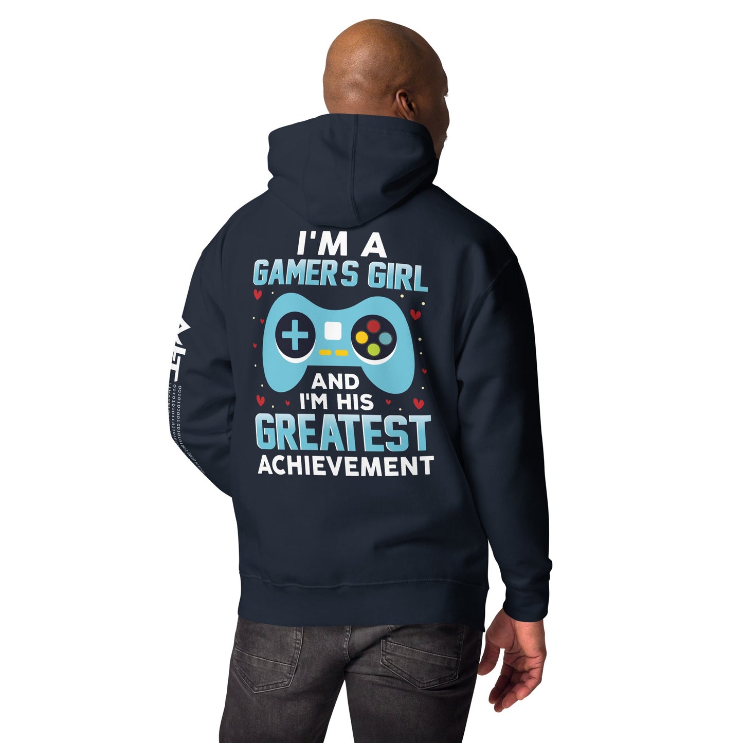 I am a Gamer's Girl, I am his Greatest Achievement (turquoise text ) - Unisex Hoodie ( Back Print ) by DarkByteGear