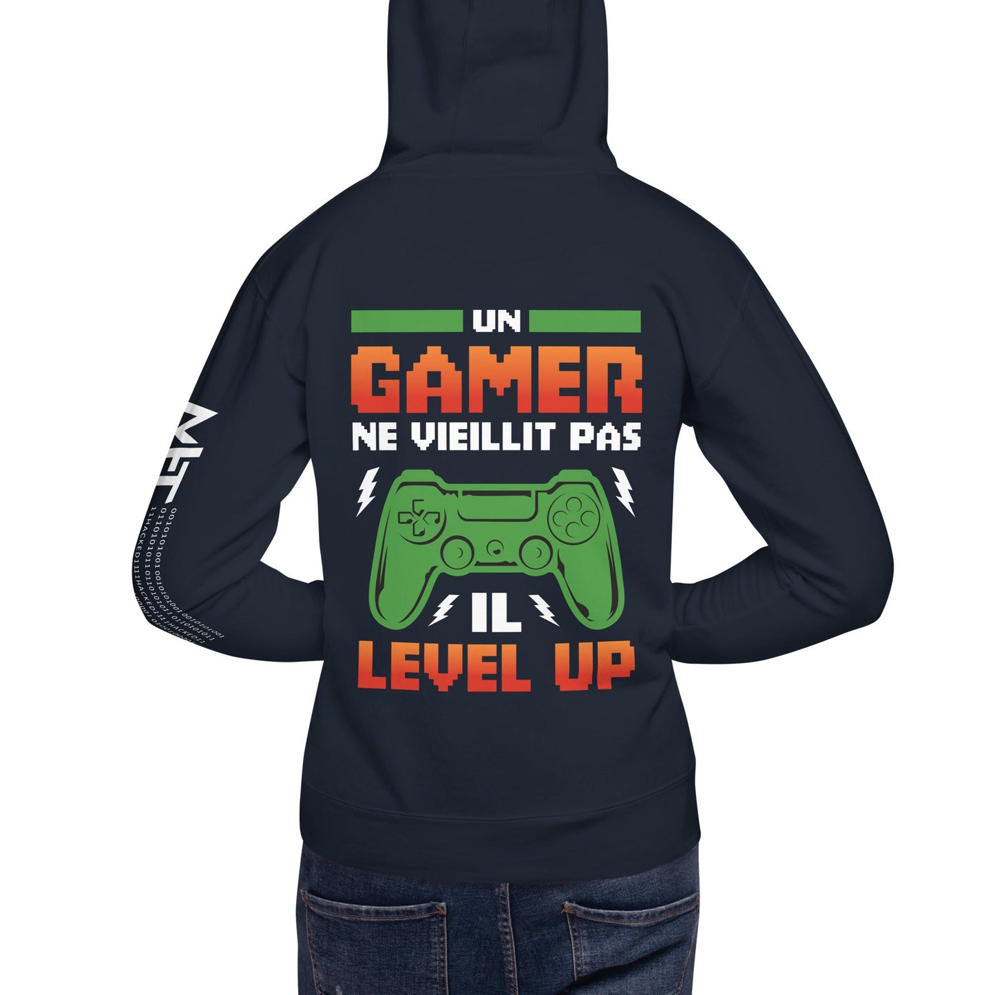 Un GAMER NE VIEILLIT PAS IL Level Up - Unisex Hoodie ( Back Print ) by DarkByteGear