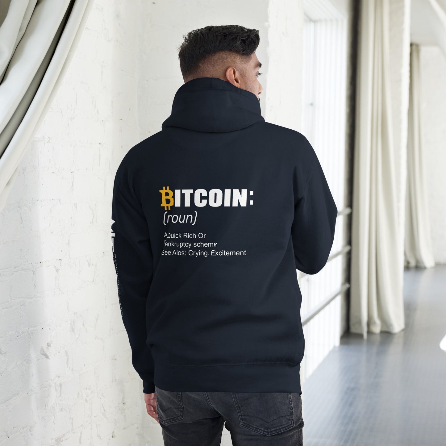 Bitcoin definition ( Yellow Cap B ) - Unisex Hoodie ( Back Print ) by DarkByteGear