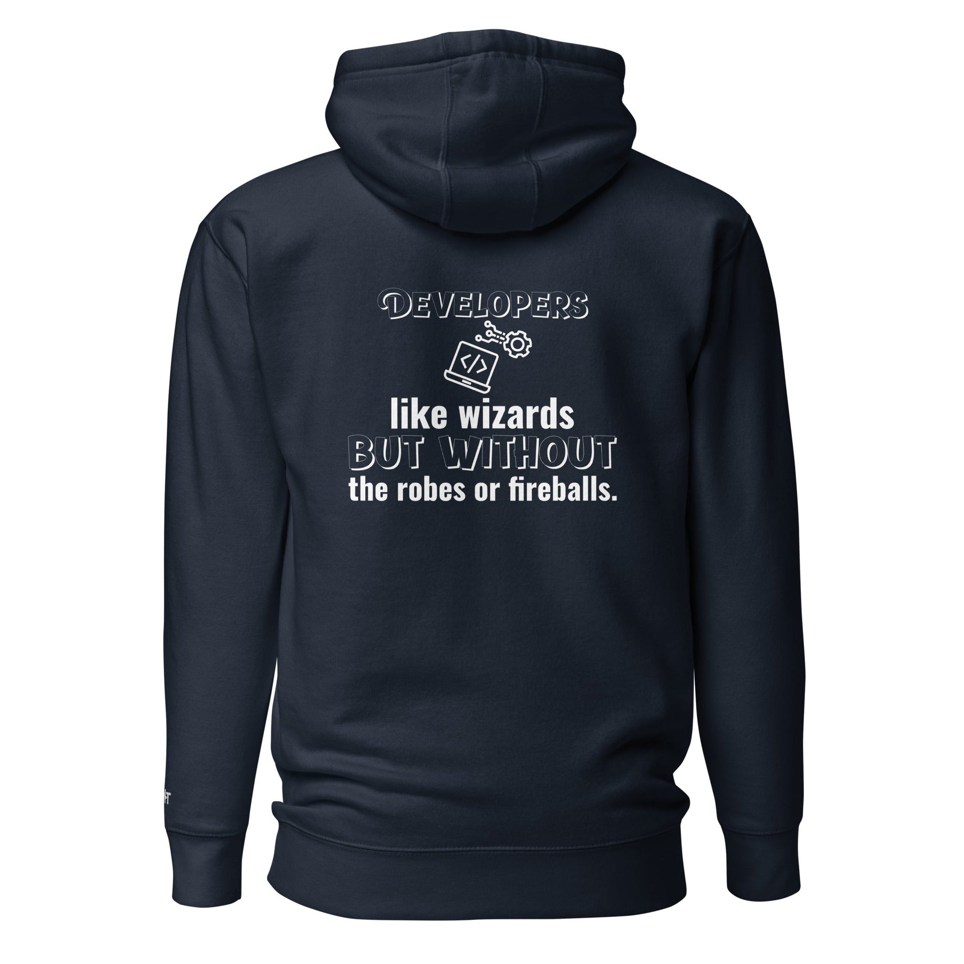 Developers: like wizards, but - Unisex Hoodie (back print) by DarkByteGear