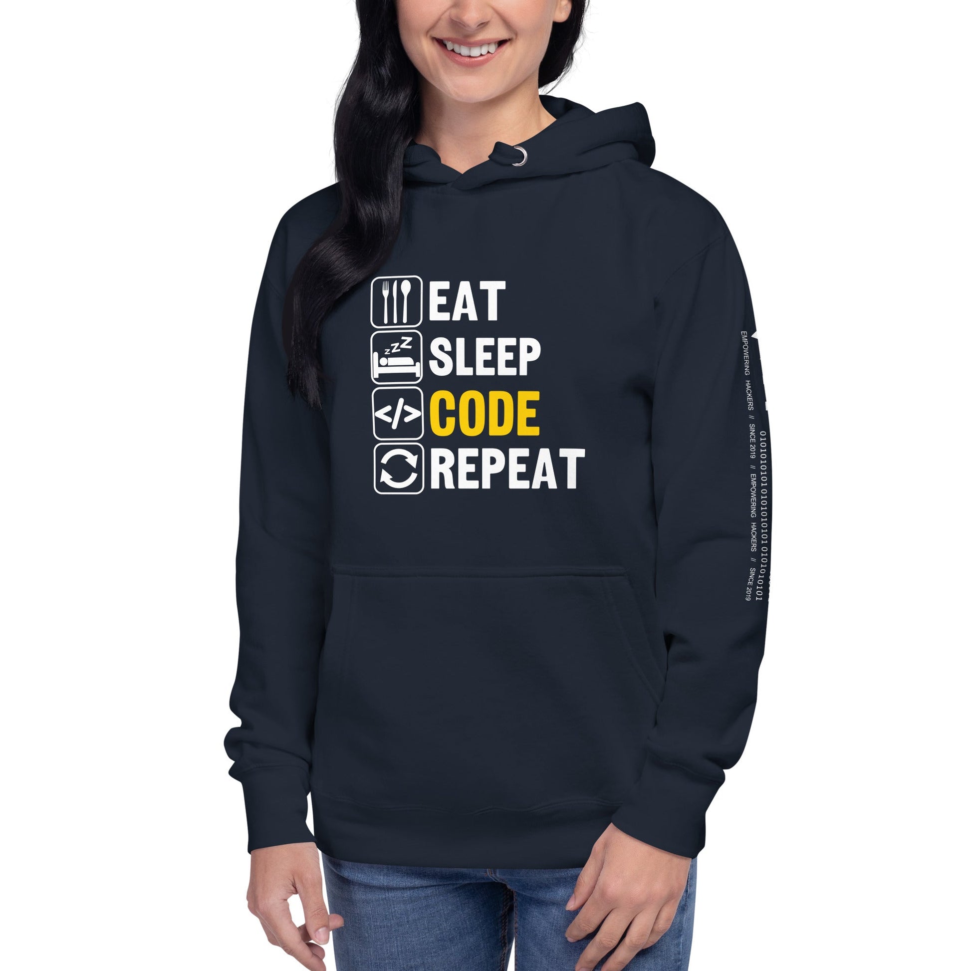 Eat Sleep Code Repeat ( Yellow Text ) - Unisex Hoodie by DarkByteGear