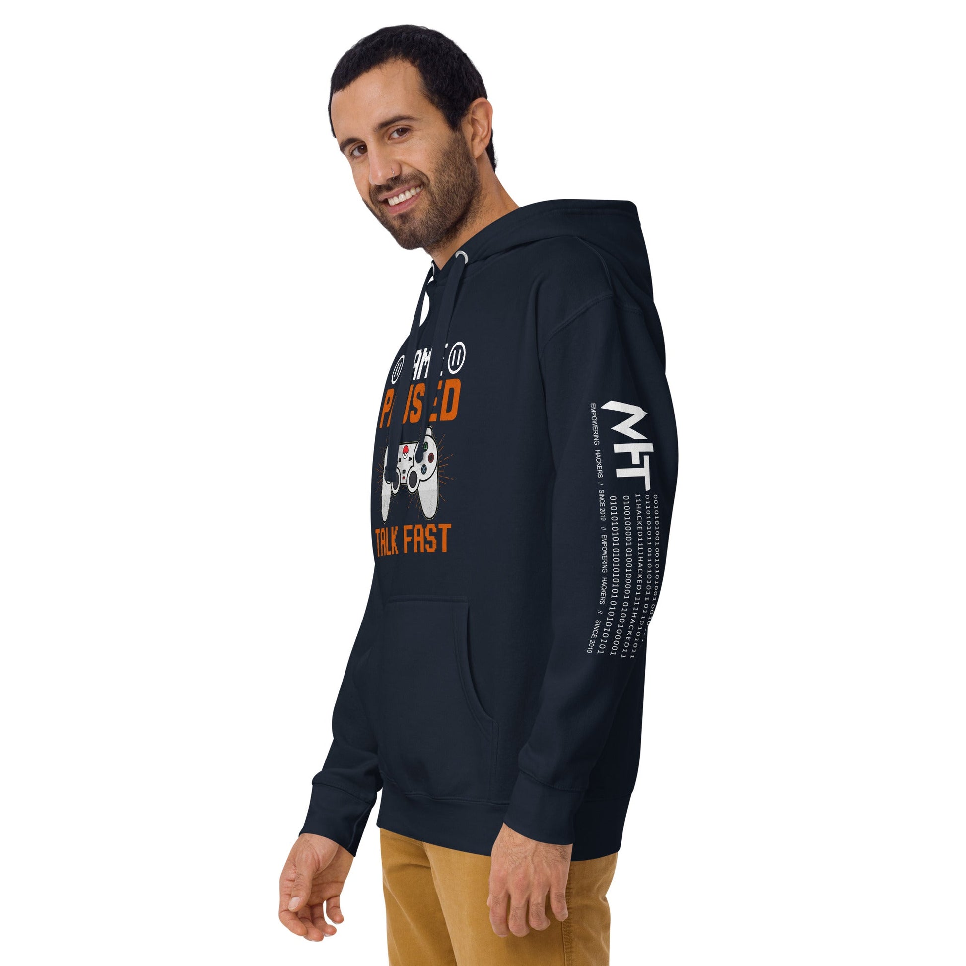 Game Paused, Talk Fast Unisex Hoodie by DarkByteGear