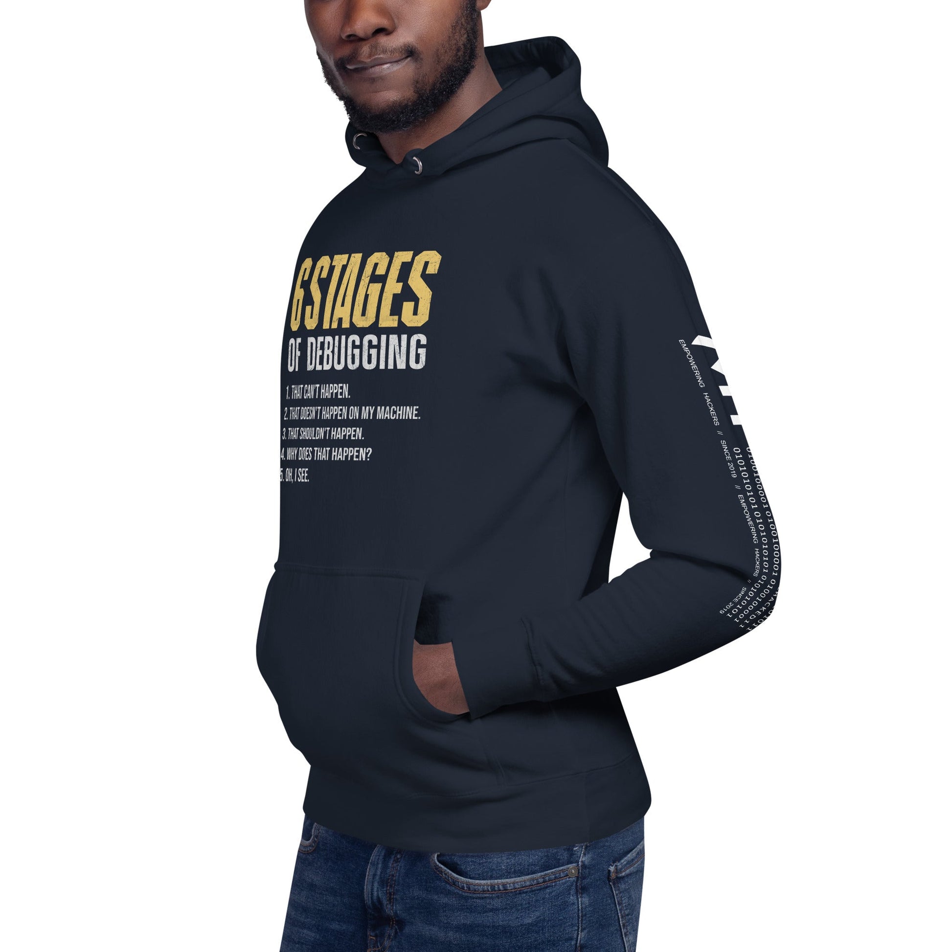 6 Stages of Debugging Yellow V Unisex Hoodie by DarkByteGear