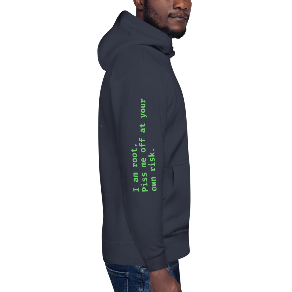 I am root. Piss me off at your own risk - Unisex Hoodie (back print) by DarkByteGear