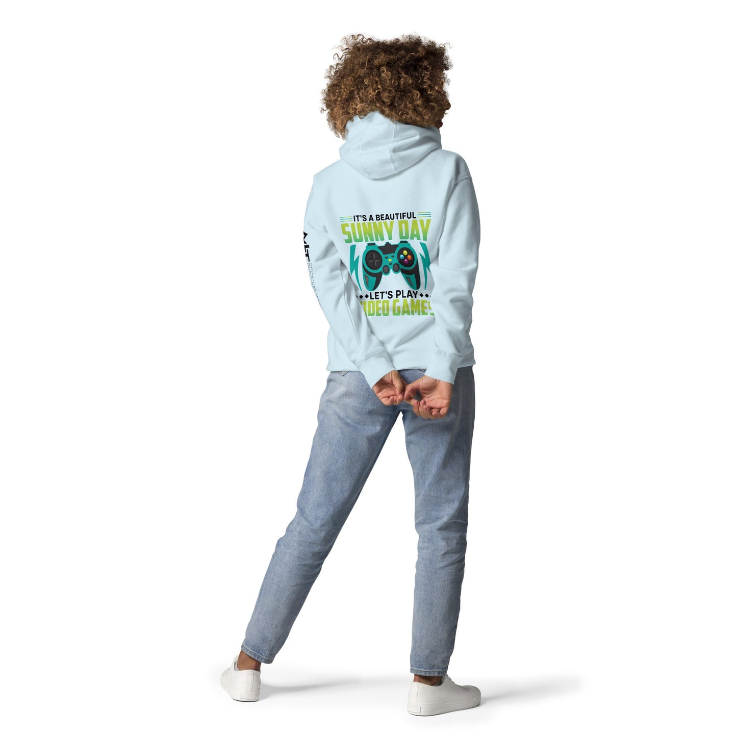 It is a Beautiful Sunny Day; Let's Play Video Games in Dark Text - Unisex Hoodie ( Back Print ) by DarkByteGear
