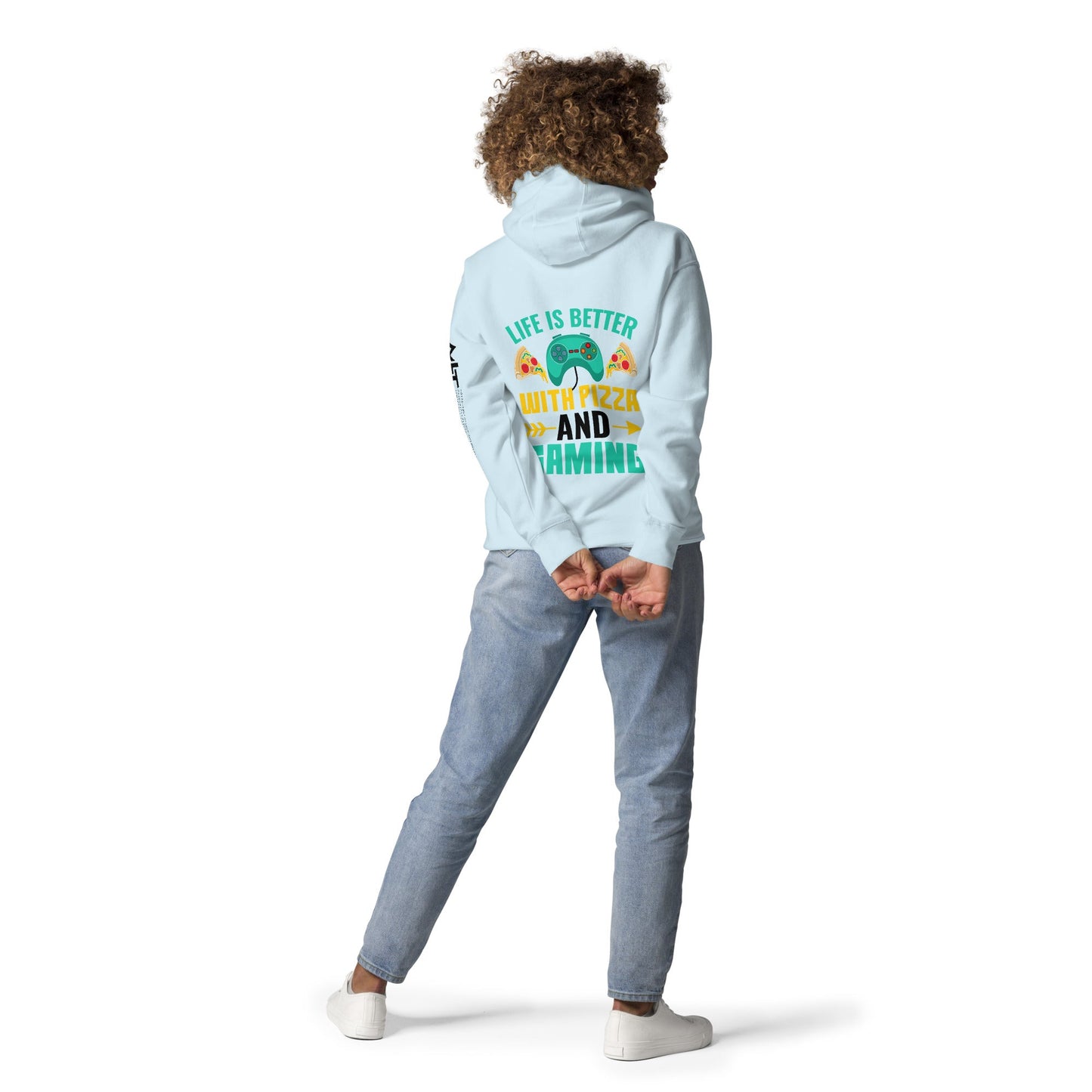 Life is Better With Pizza and Gaming Rima 14 in Dark Text - Unisex Hoodie ( Back Print ) by DarkByteGear