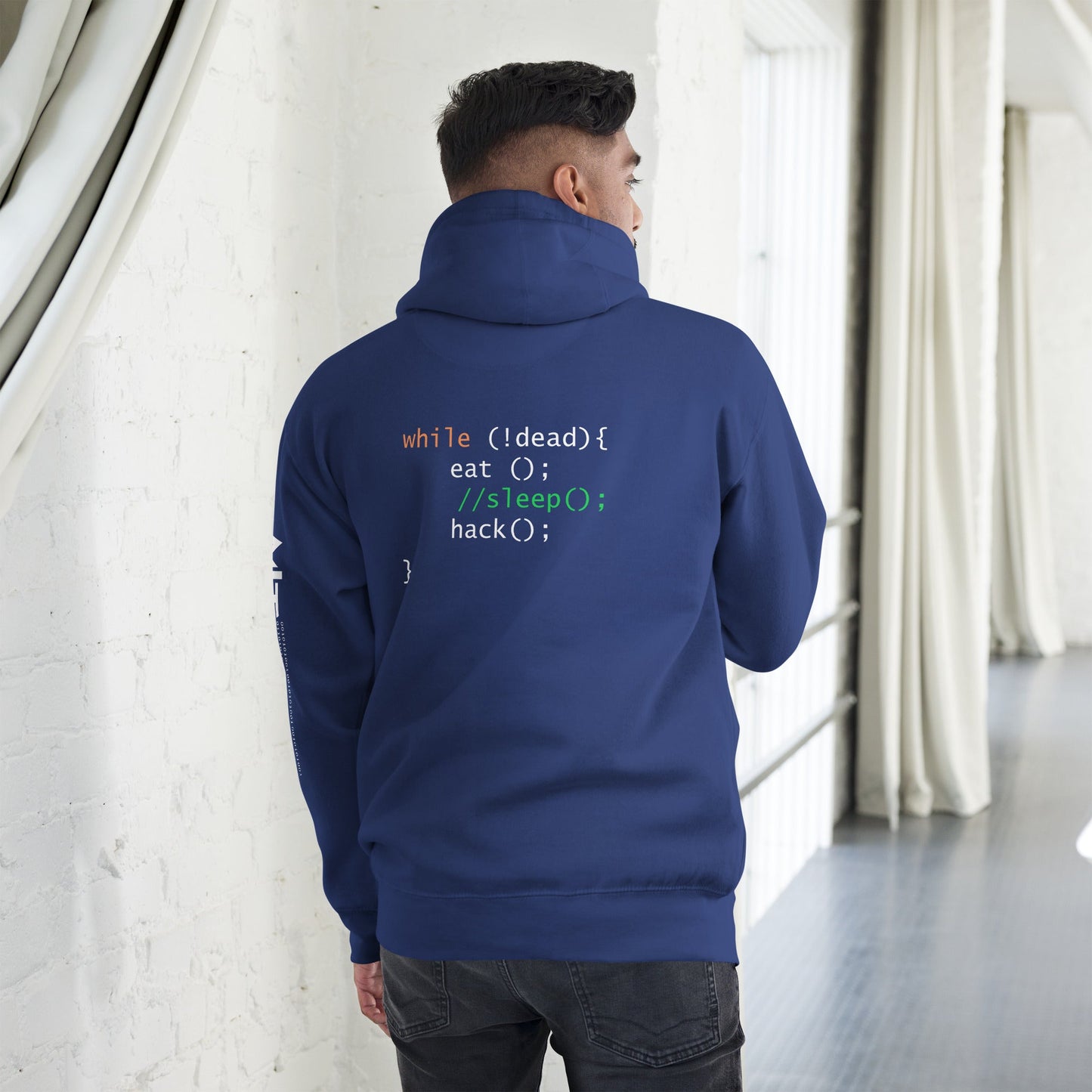 while (!dead){ eat();//sleep();hack();} - Unisex Hoodie (back print) by DarkByteGear