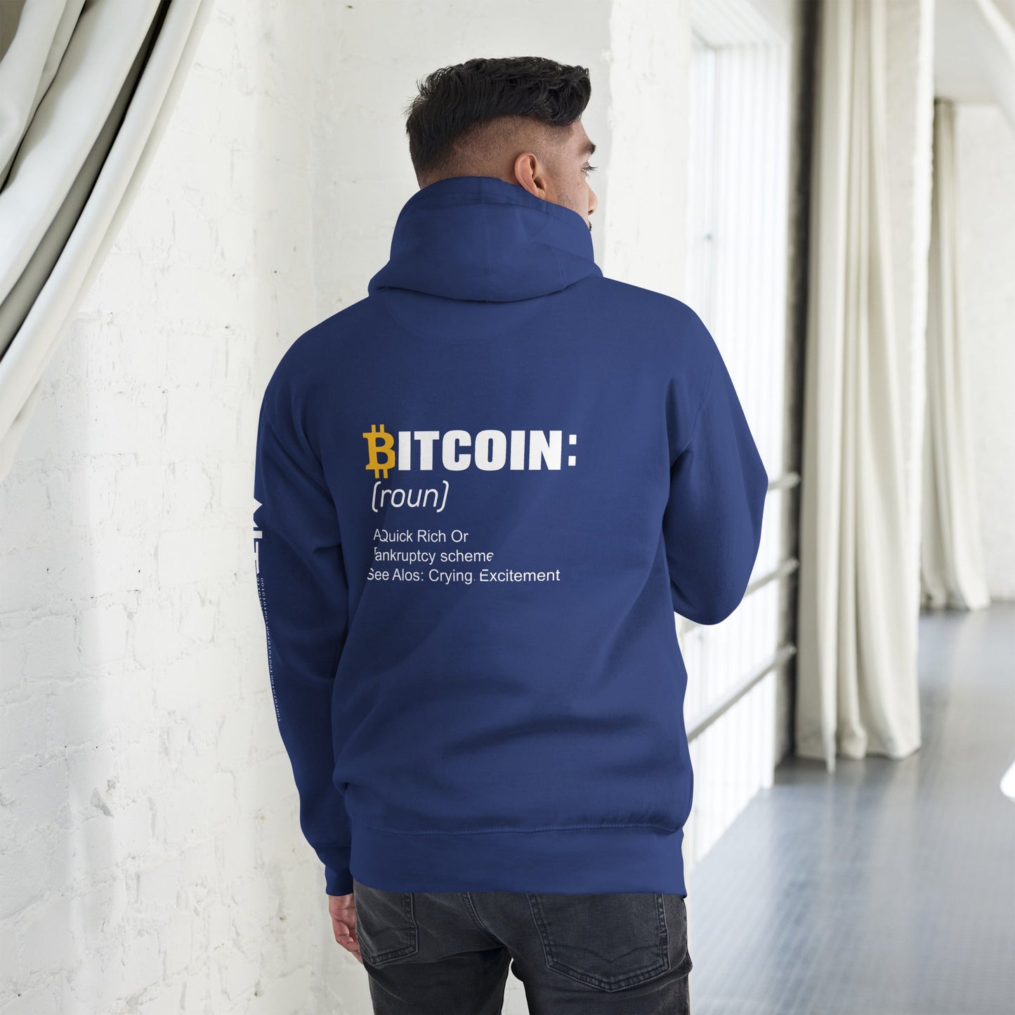 Bitcoin definition ( Yellow Cap B ) - Unisex Hoodie ( Back Print ) by DarkByteGear