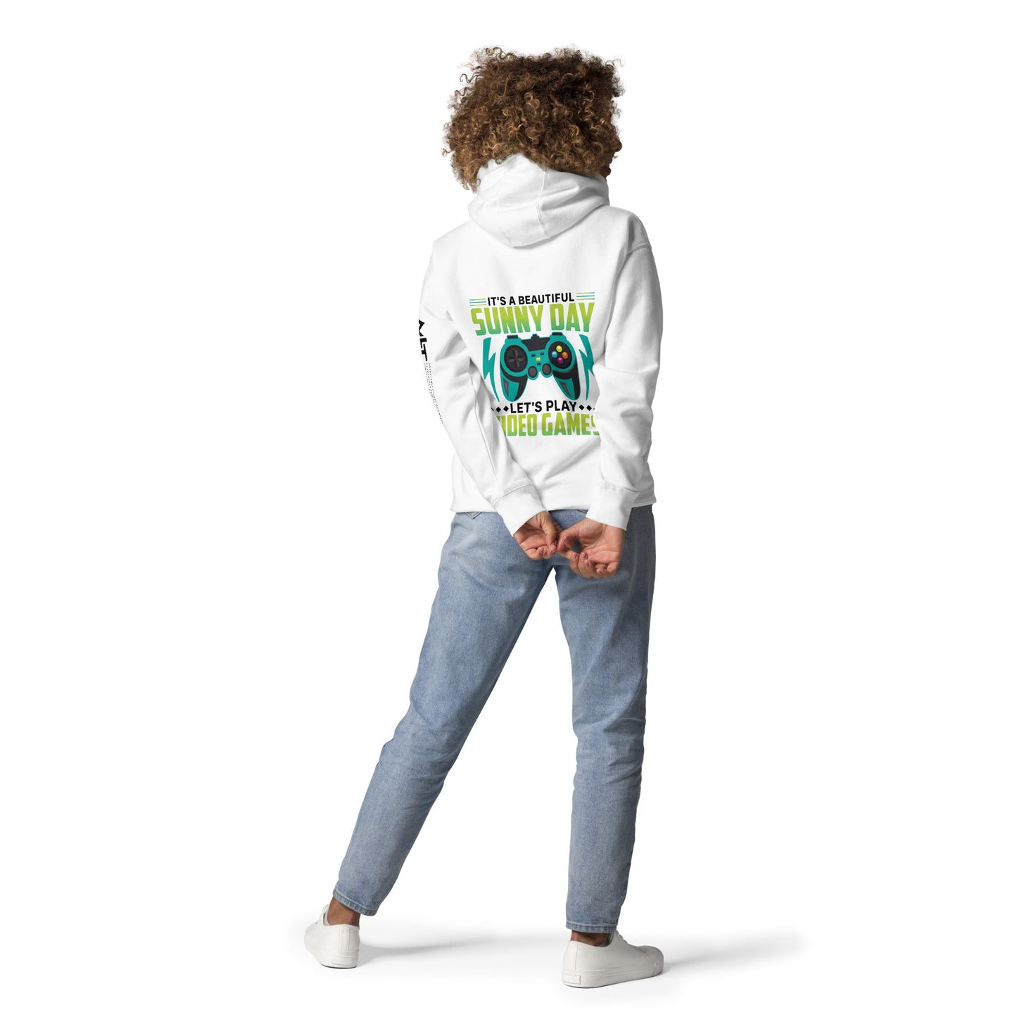 It is a Beautiful Sunny Day; Let's Play Video Games in Dark Text - Unisex Hoodie ( Back Print ) by DarkByteGear