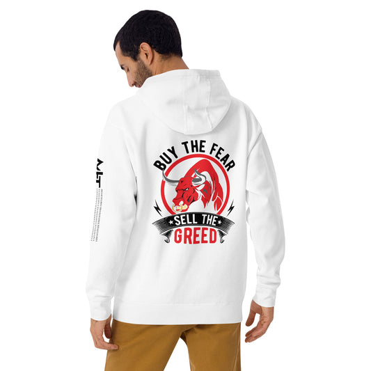 Buy the Fear; Sell the Greed in Dark Text - Unisex Hoodie ( Back Print ) by DarkByteGear