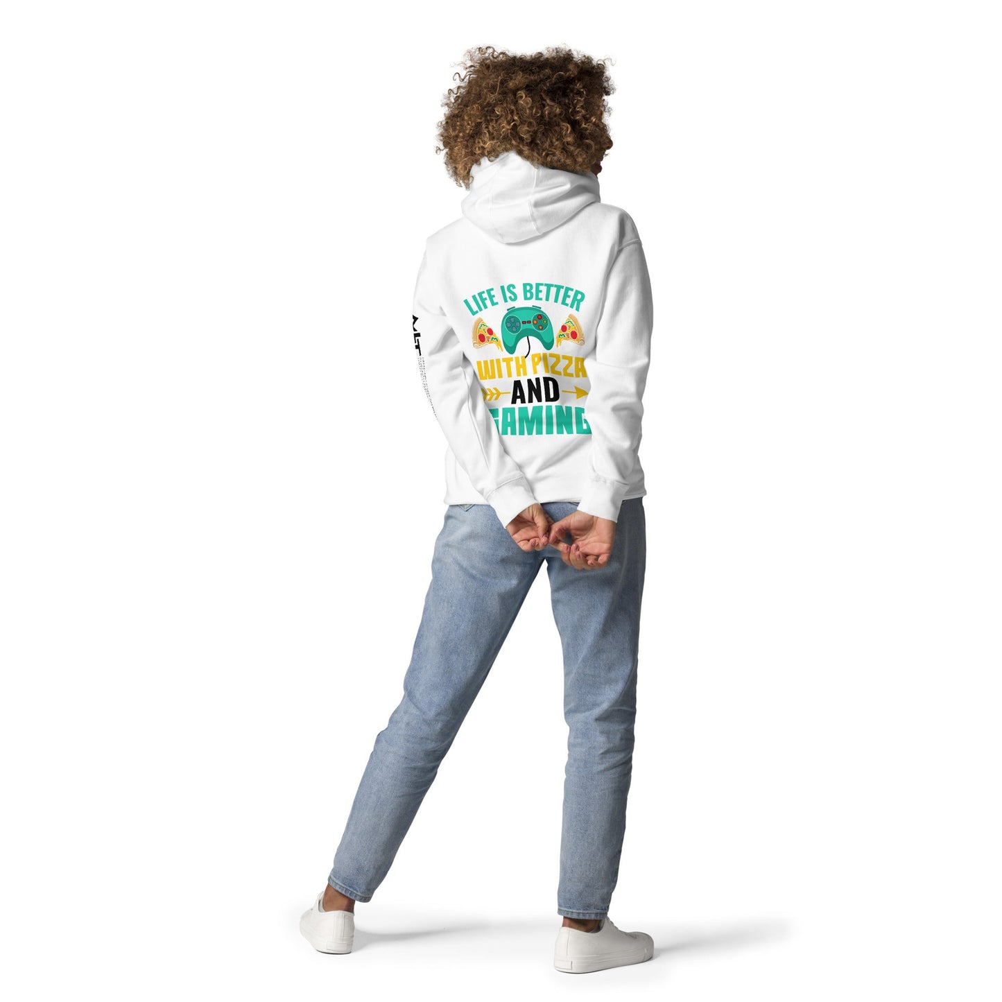 Life is Better With Pizza and Gaming Rima 14 in Dark Text - Unisex Hoodie ( Back Print ) by DarkByteGear