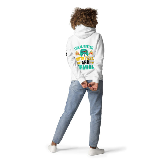Life is Better With Pizza and Gaming Rima 14 in Dark Text - Unisex Hoodie ( Back Print ) by DarkByteGear