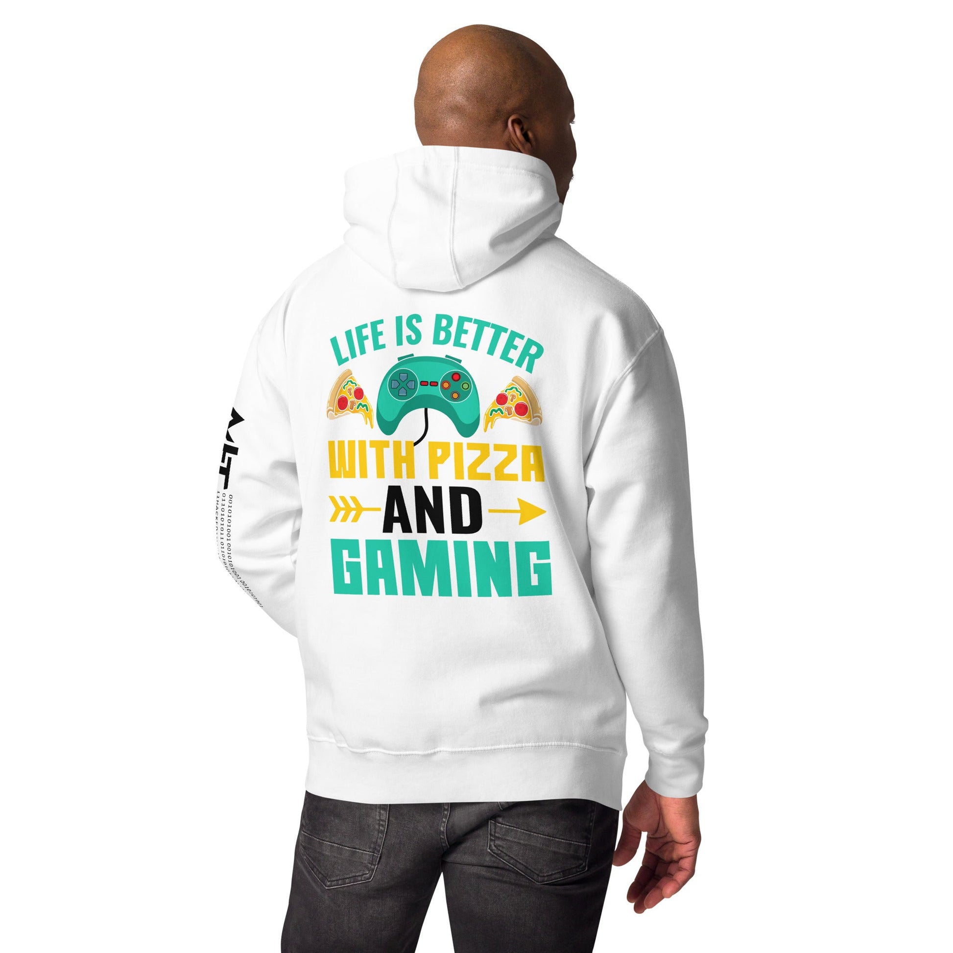 Life is Better With Pizza and Gaming Rima 14 in Dark Text - Unisex Hoodie ( Back Print ) by DarkByteGear