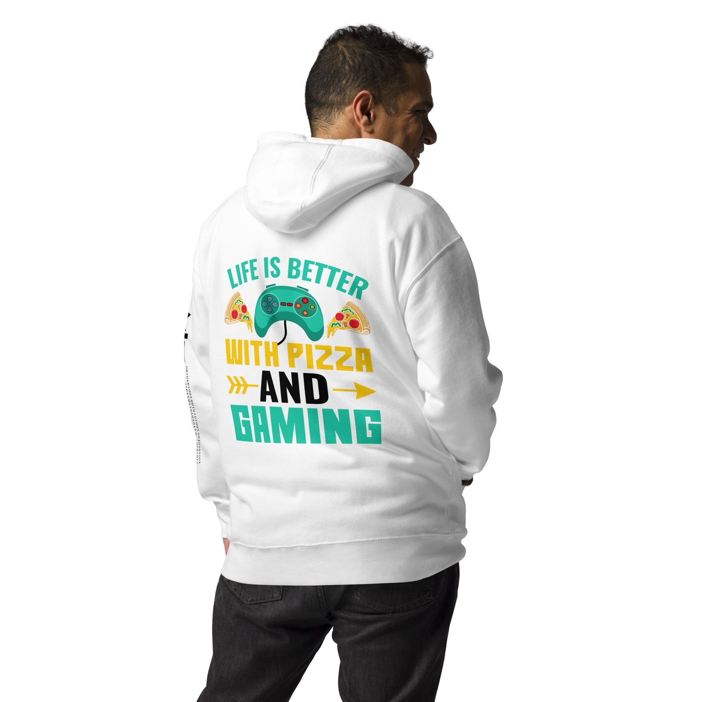Life is Better With Pizza and Gaming Rima 14 in Dark Text - Unisex Hoodie ( Back Print ) by DarkByteGear