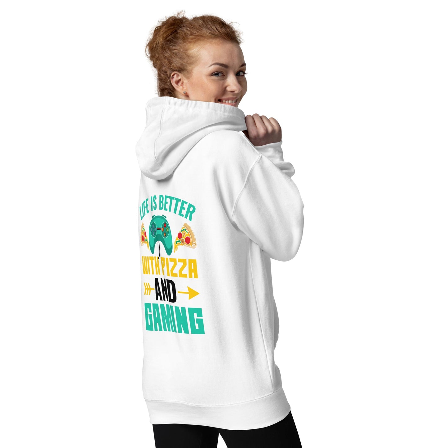 Life is Better With Pizza and Gaming Rima 14 in Dark Text - Unisex Hoodie ( Back Print ) by DarkByteGear