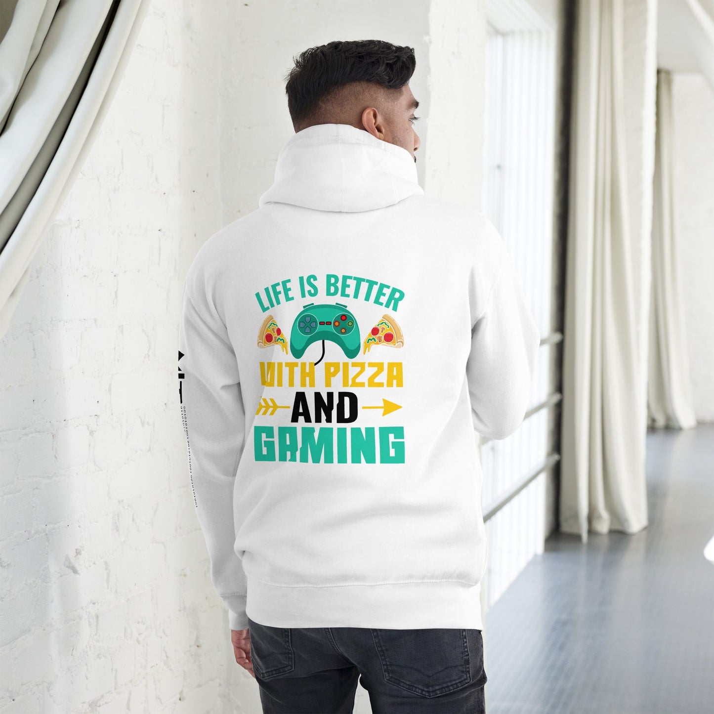 Life is Better With Pizza and Gaming Rima 14 in Dark Text - Unisex Hoodie ( Back Print ) by DarkByteGear