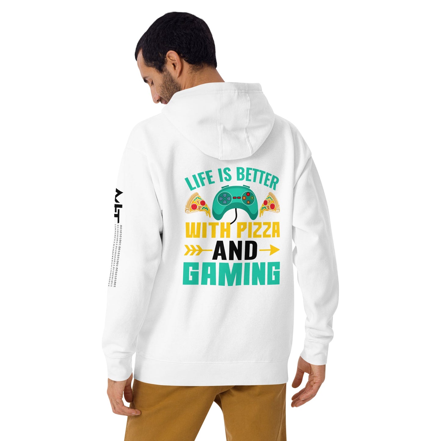 Life is Better With Pizza and Gaming Rima 14 in Dark Text - Unisex Hoodie ( Back Print ) by DarkByteGear