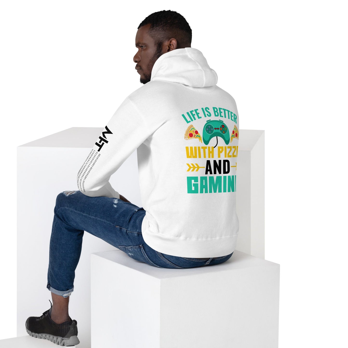 Life is Better With Pizza and Gaming Rima 14 in Dark Text - Unisex Hoodie ( Back Print ) by DarkByteGear