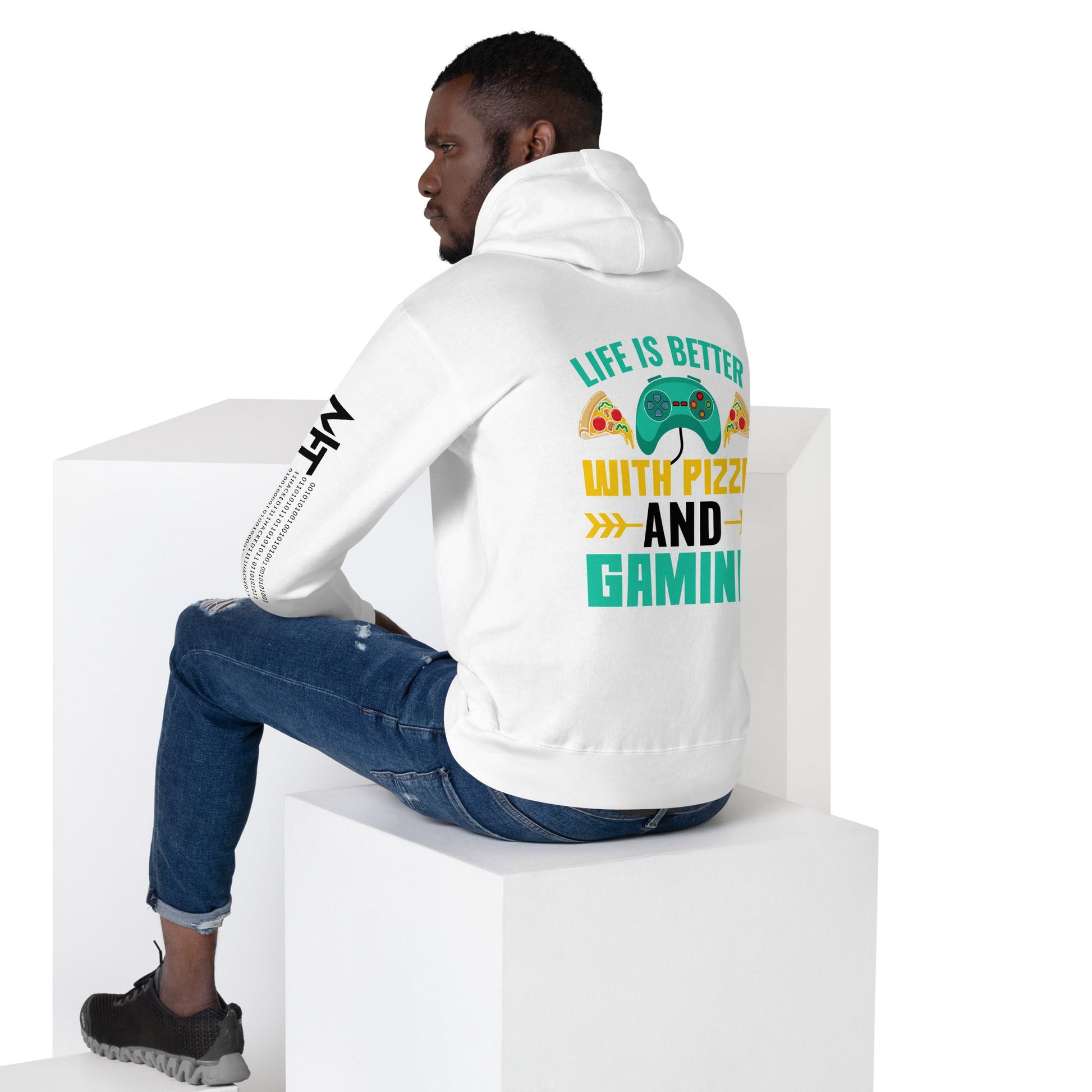 Life is Better With Pizza and Gaming Rima 14 in Dark Text - Unisex Hoodie ( Back Print ) by DarkByteGear