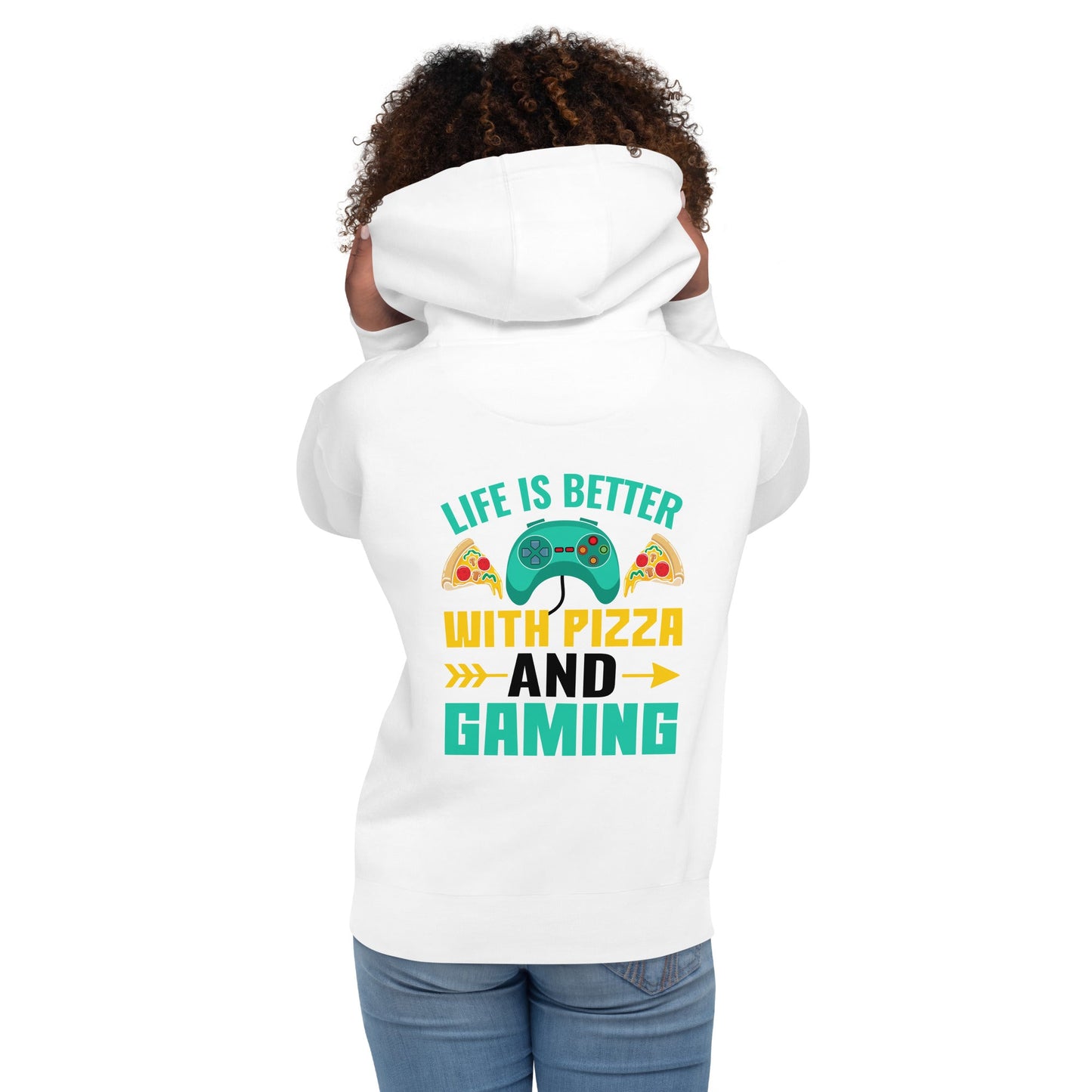 Life is Better With Pizza and Gaming Rima 14 in Dark Text - Unisex Hoodie ( Back Print ) by DarkByteGear