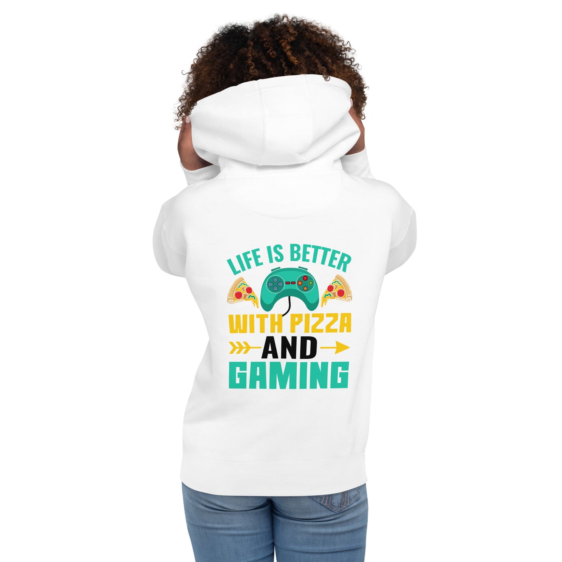 Life is Better With Pizza and Gaming Rima 14 in Dark Text - Unisex Hoodie ( Back Print ) by DarkByteGear