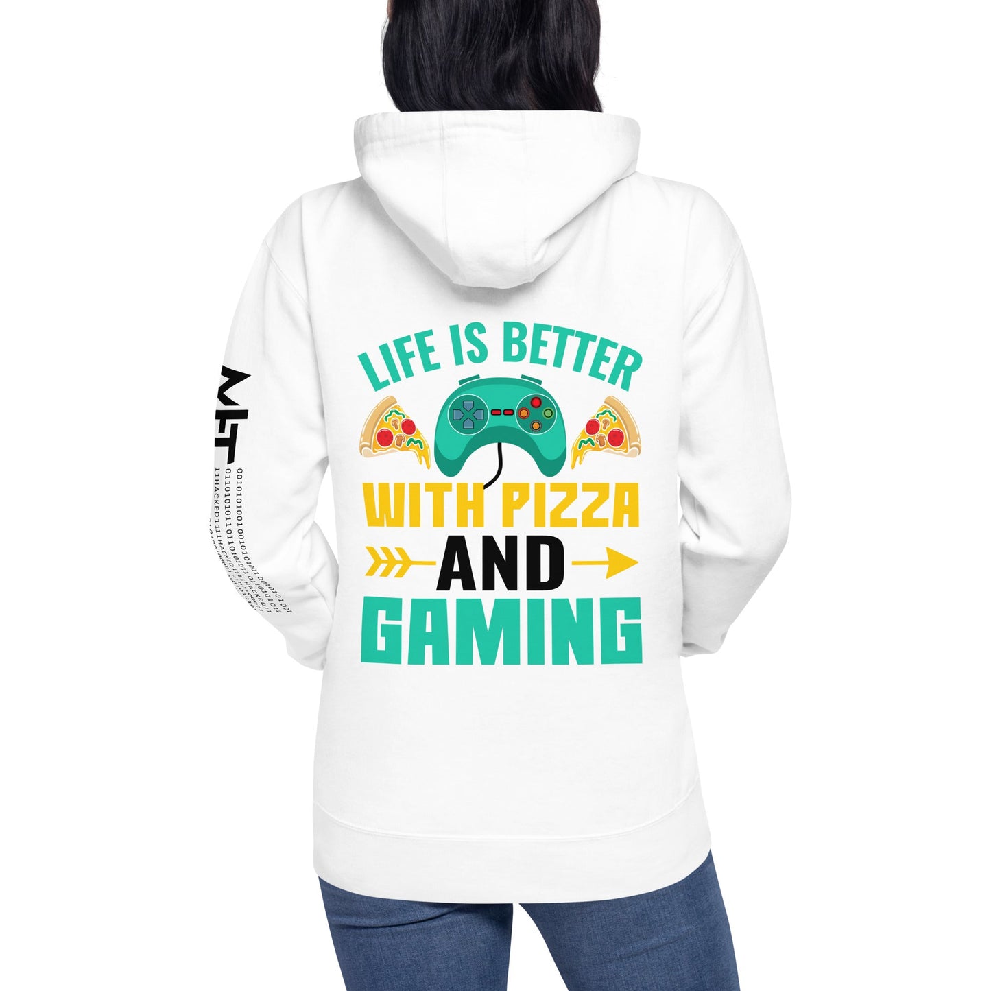 Life is Better With Pizza and Gaming Rima 14 in Dark Text - Unisex Hoodie ( Back Print ) by DarkByteGear