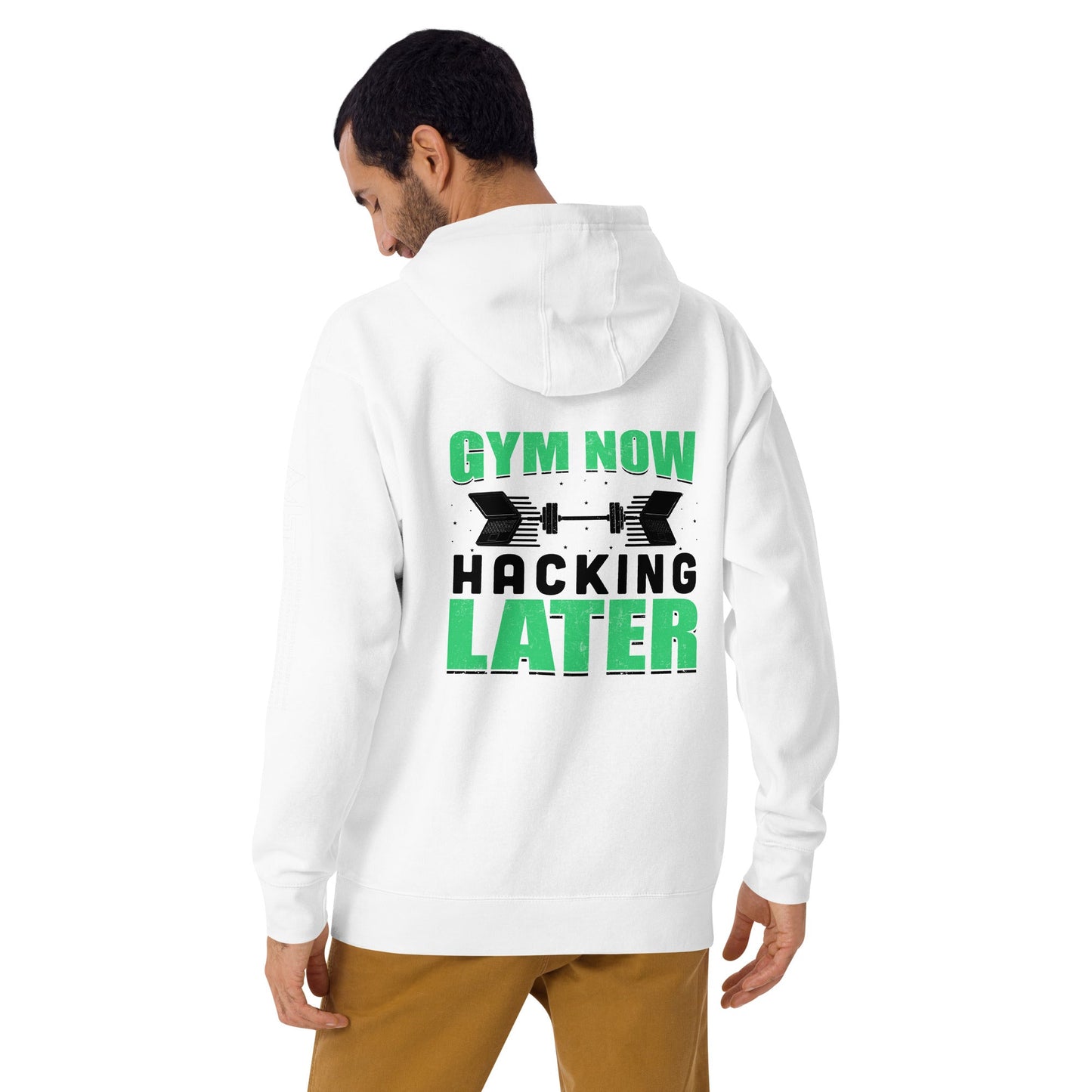 Gym now, hacking later - Unisex Hoodie (back print) by DarkByteGear