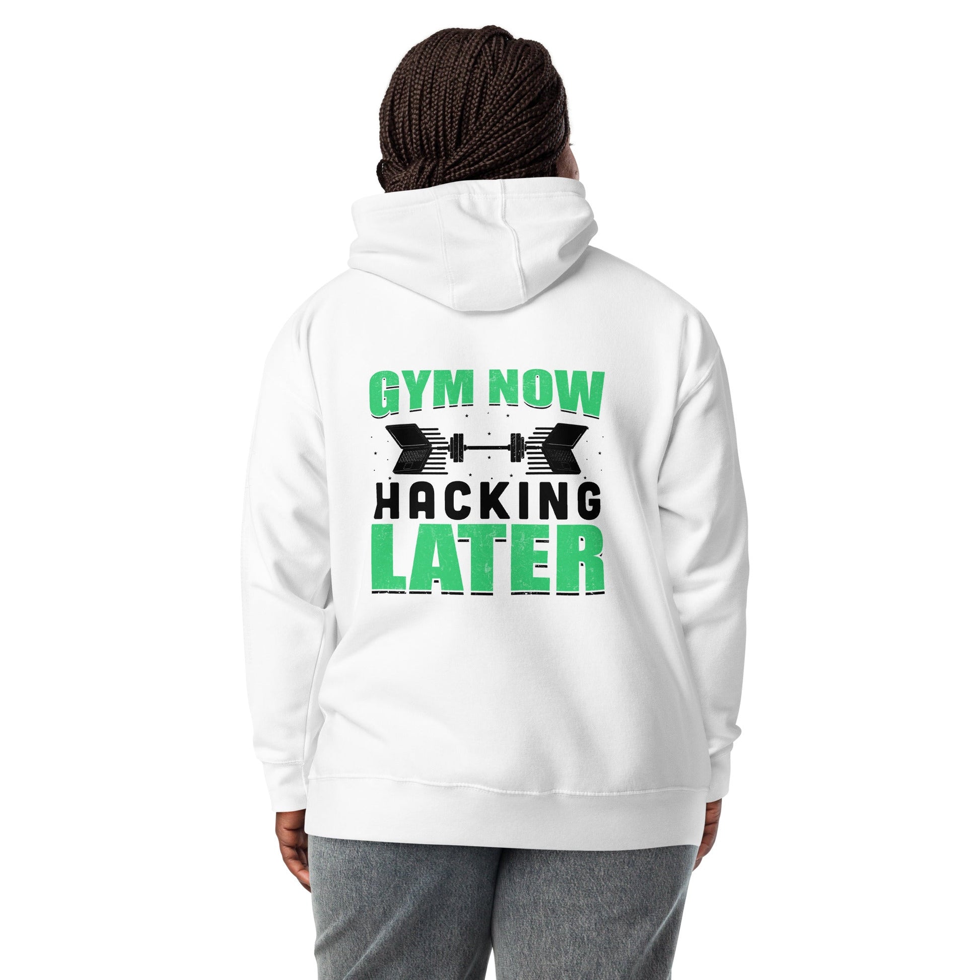 Gym now, hacking later - Unisex Hoodie (back print) by DarkByteGear
