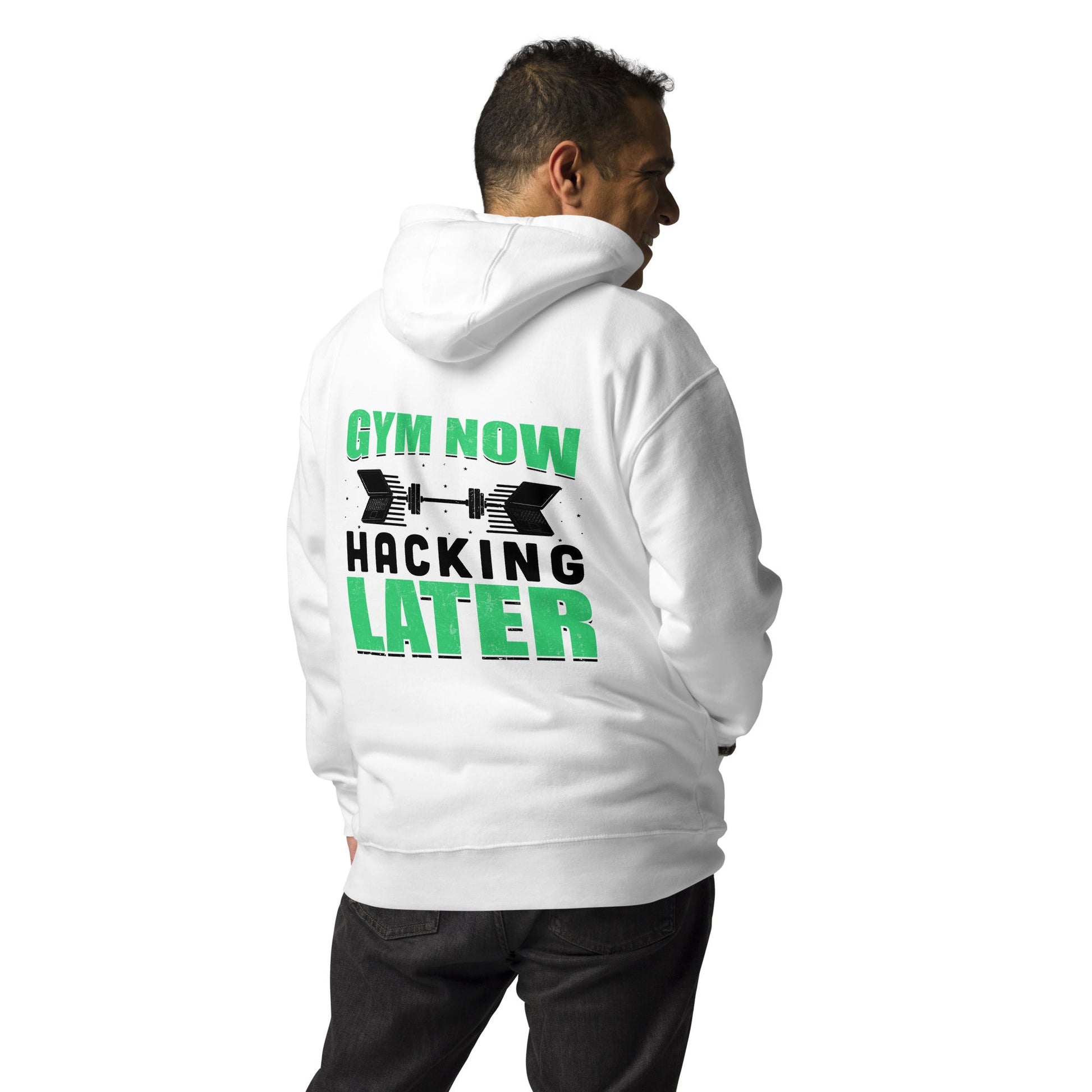 Gym now, hacking later - Unisex Hoodie (back print) by DarkByteGear
