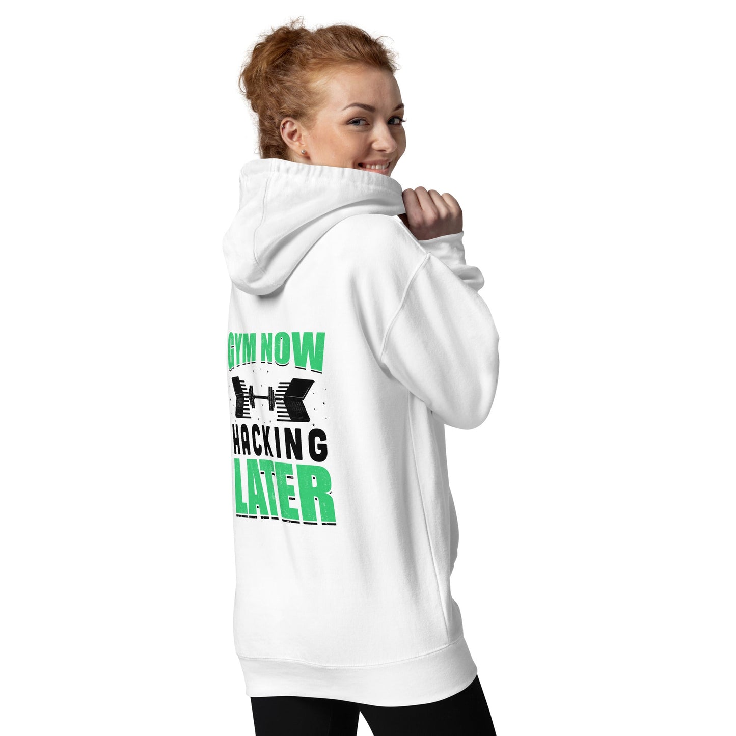 Gym now, hacking later - Unisex Hoodie (back print) by DarkByteGear