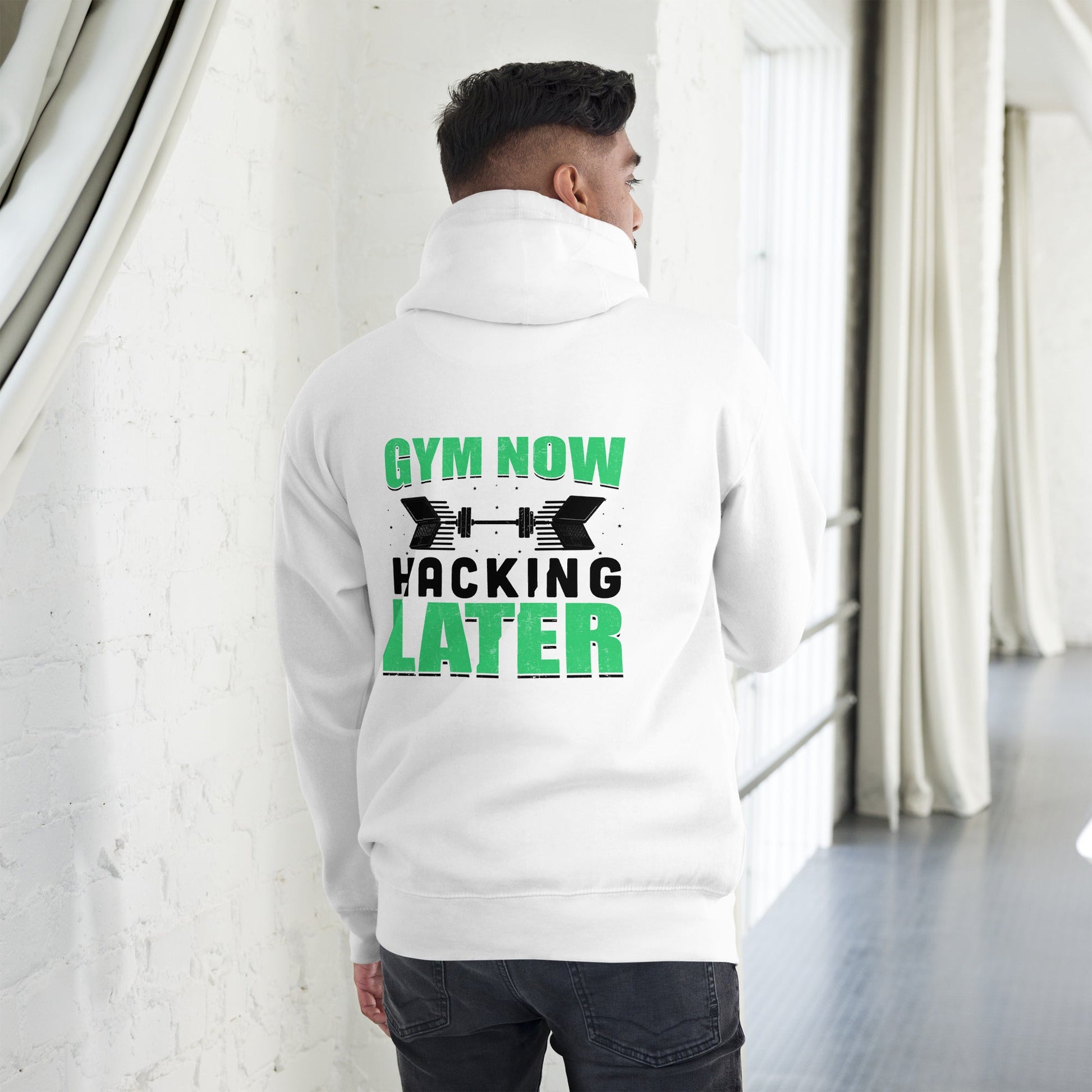 Gym now, hacking later - Unisex Hoodie (back print) by DarkByteGear