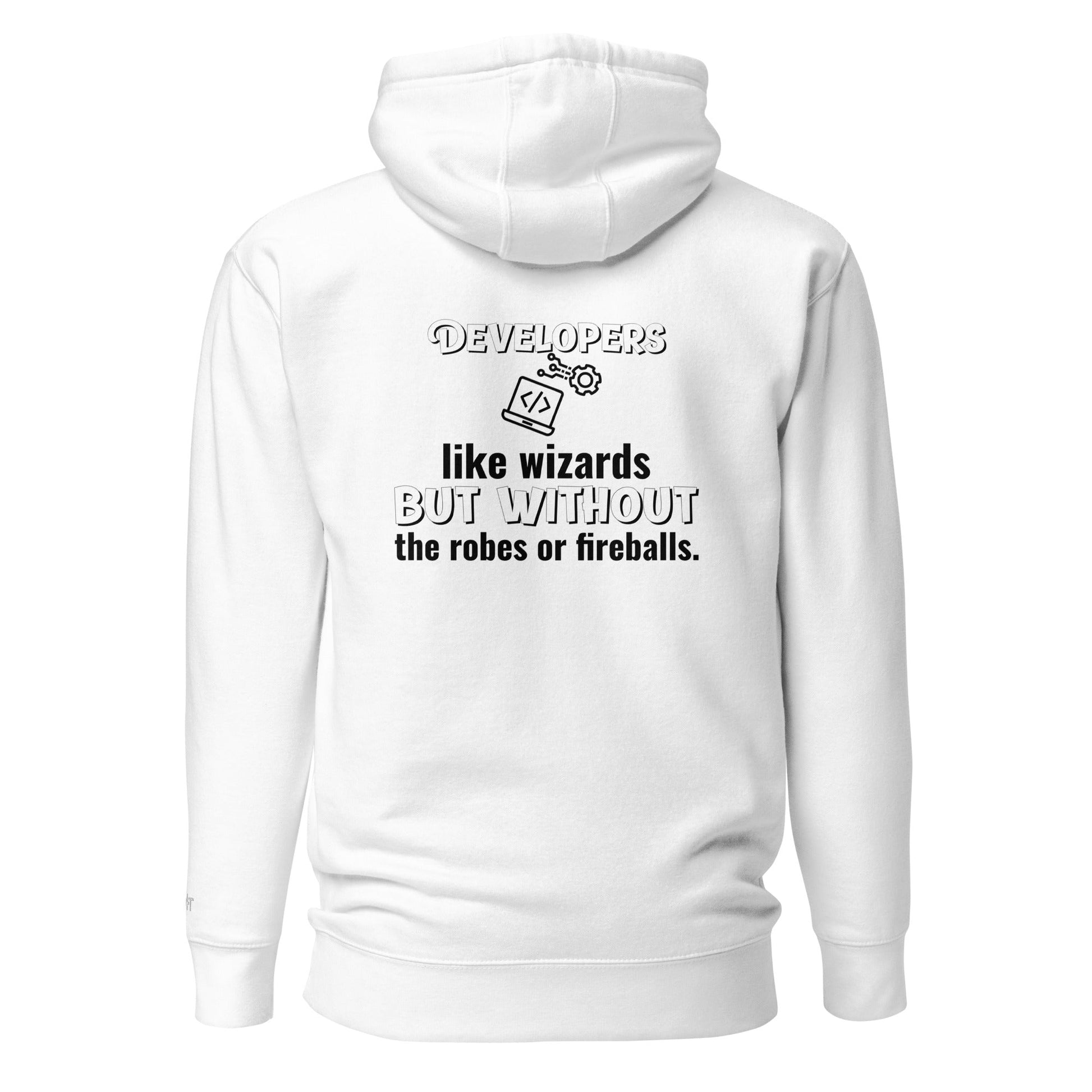 Developers: like wizards, but - Unisex Hoodie (back print) by DarkByteGear