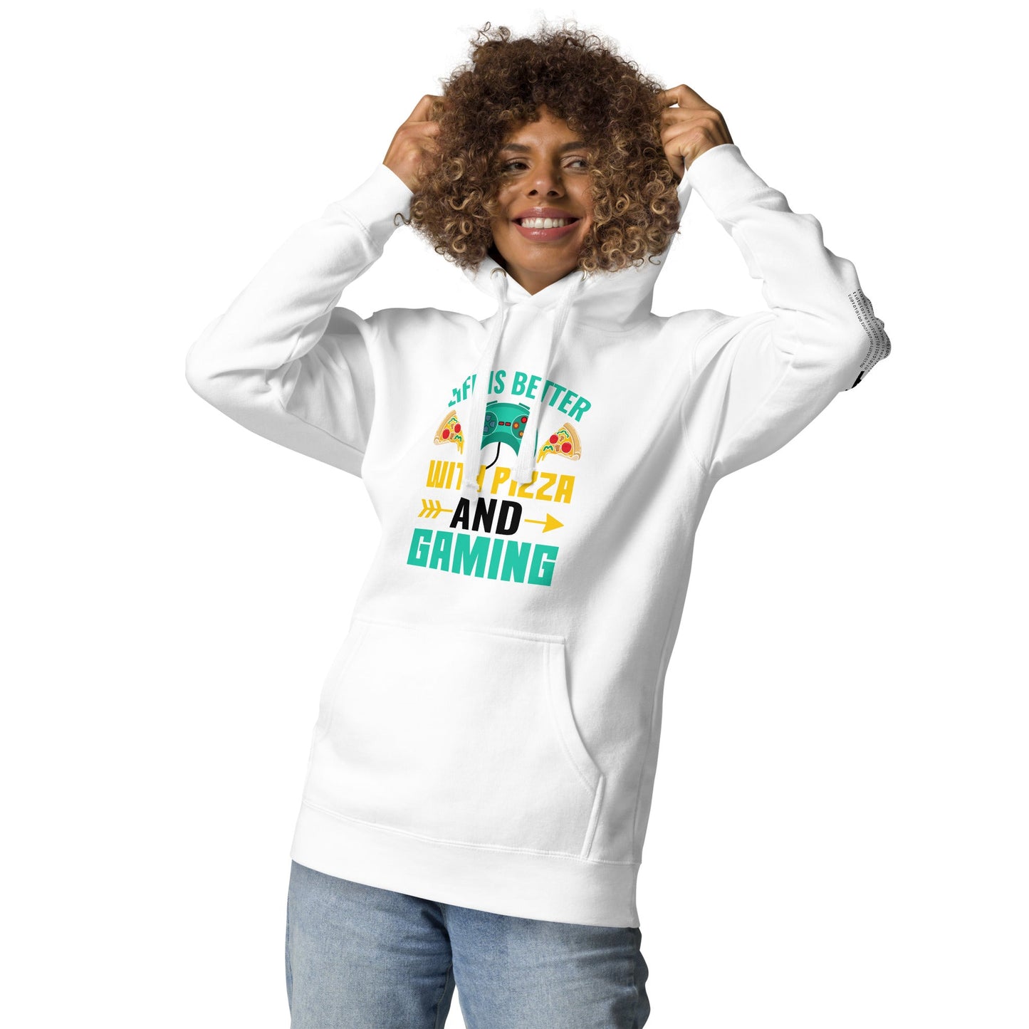 Life is Better With Pizza and Gaming Rima 14 in Dark Text - Unisex Hoodie by DarkByteGear