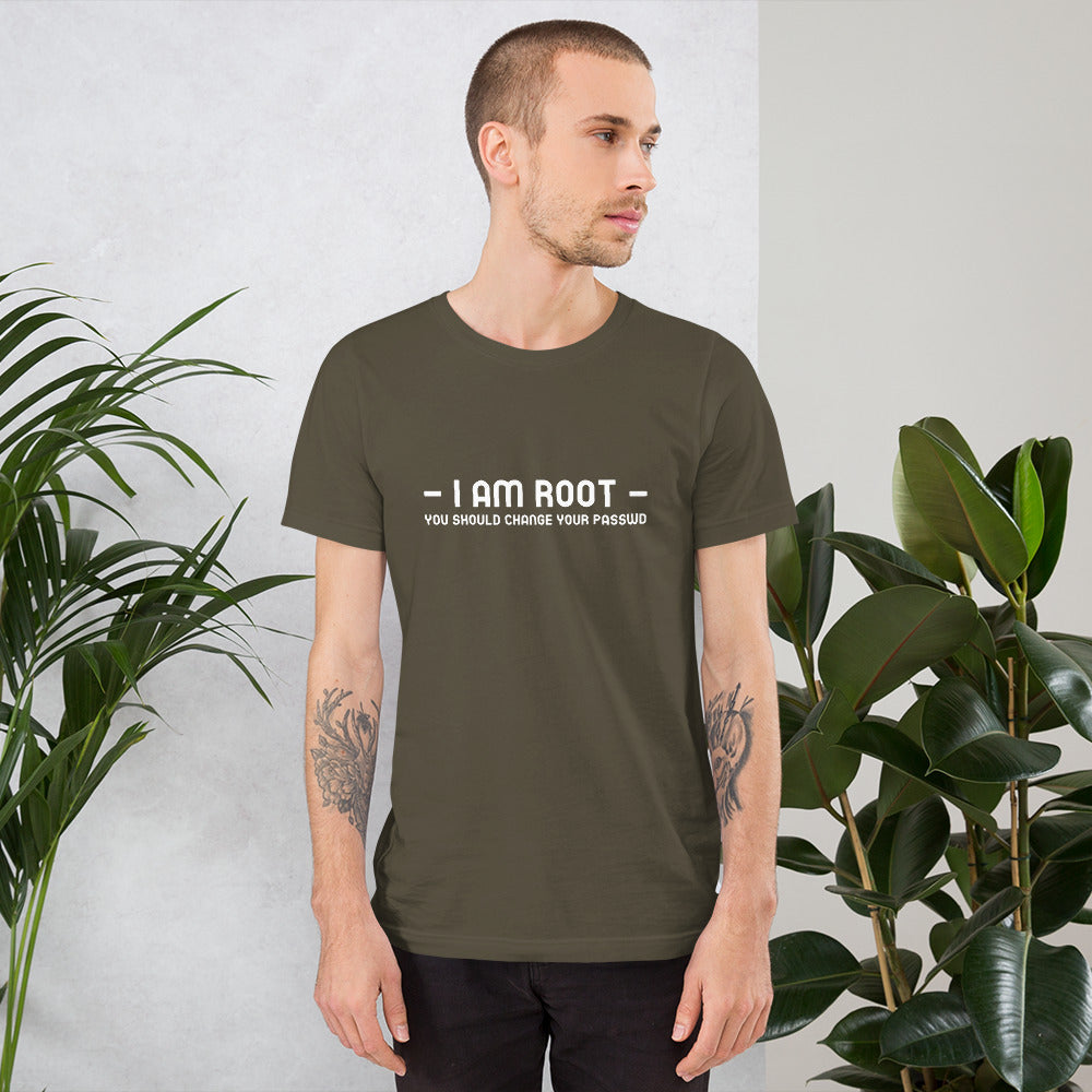 i am root - Short-Sleeve Unisex T-Shirt (back print) by DarkByteGear