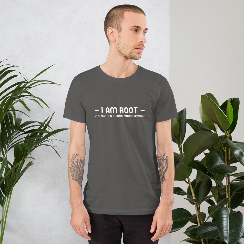 i am root - Short-Sleeve Unisex T-Shirt (back print) by DarkByteGear