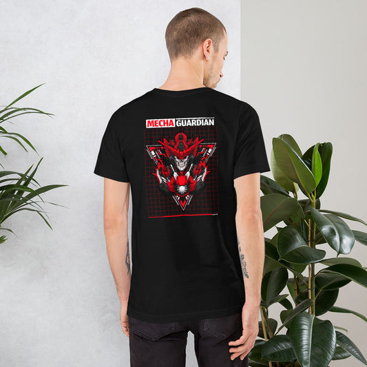 Red Mecha Guardian - Short-Sleeve Unisex T-Shirt (back print) by DarkByteGear