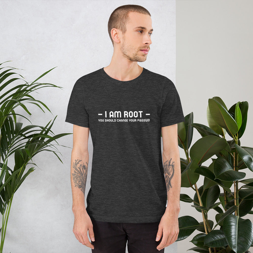 i am root - Short-Sleeve Unisex T-Shirt (back print) by DarkByteGear