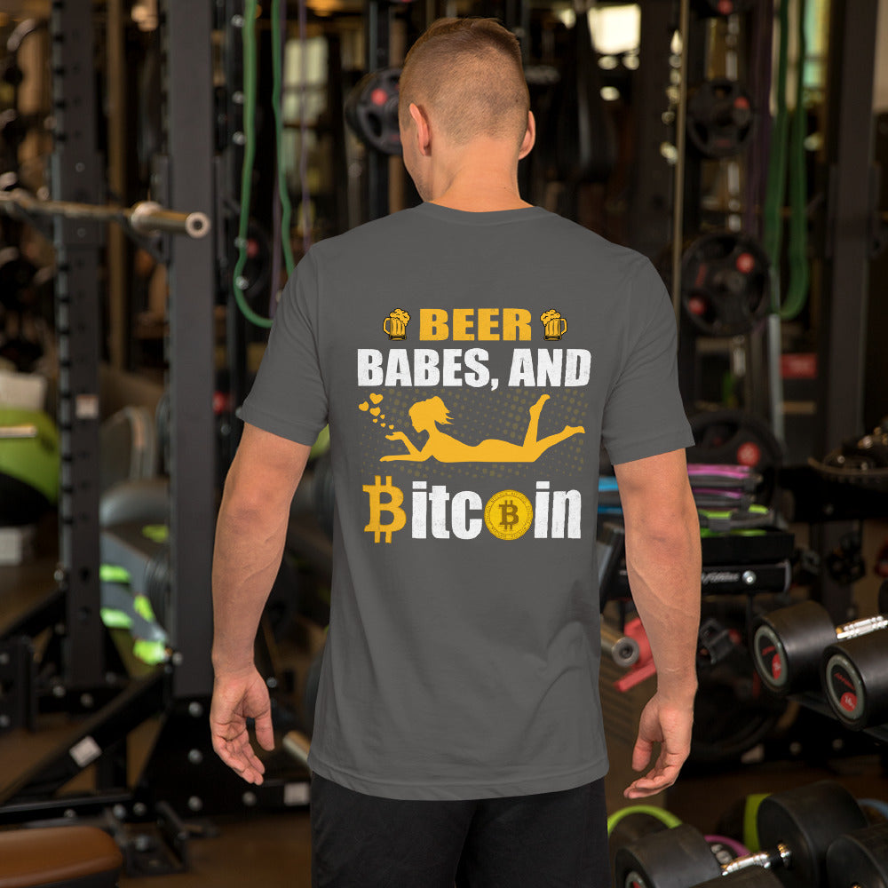 Beer, Babe, and Bitcoin Unisex t-shirt ( Back Print ) by DarkByteGear